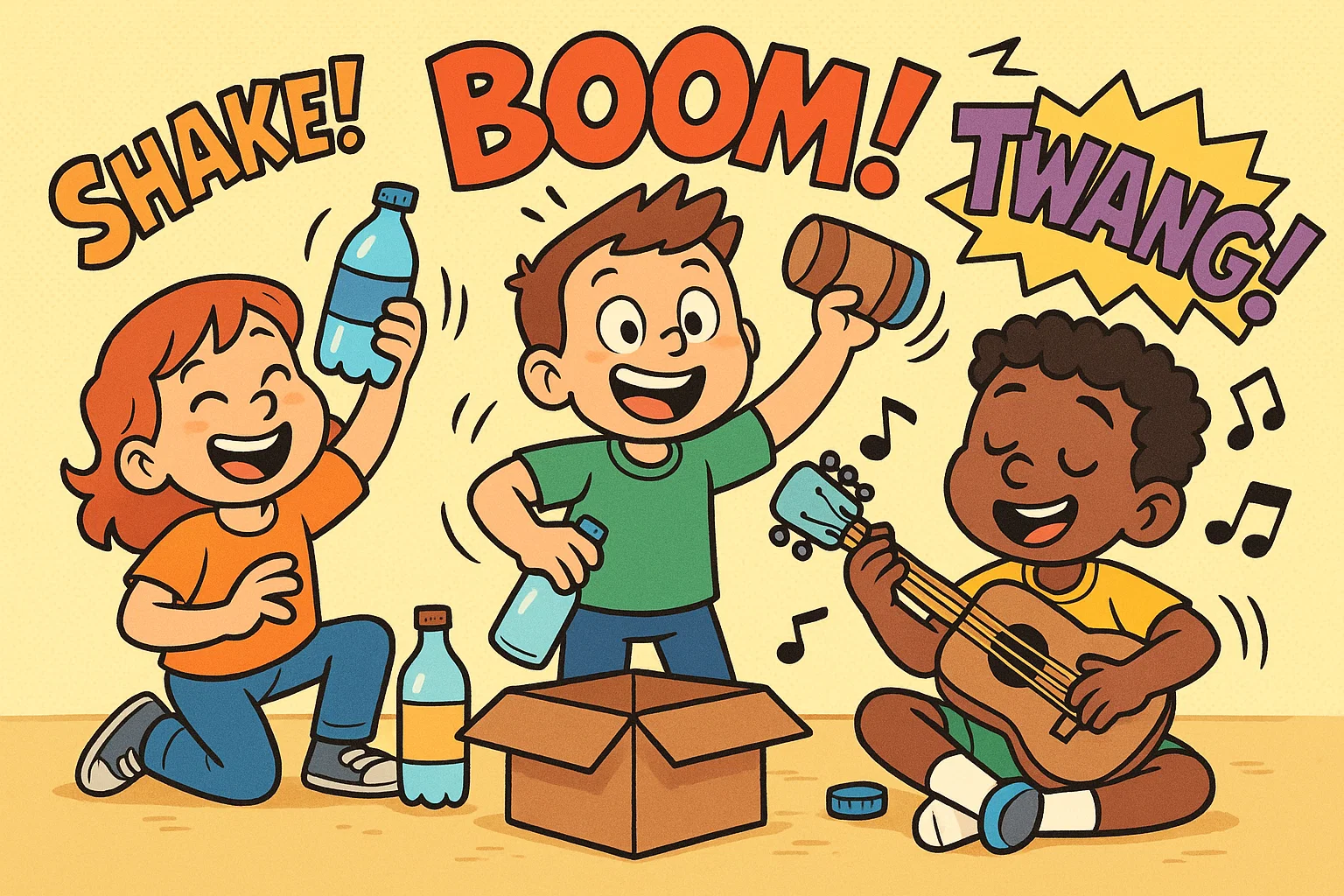 Cartoon kids creating DIY music instruments from simple materials. Cartoon kids creating DIY music instruments from simple materials.