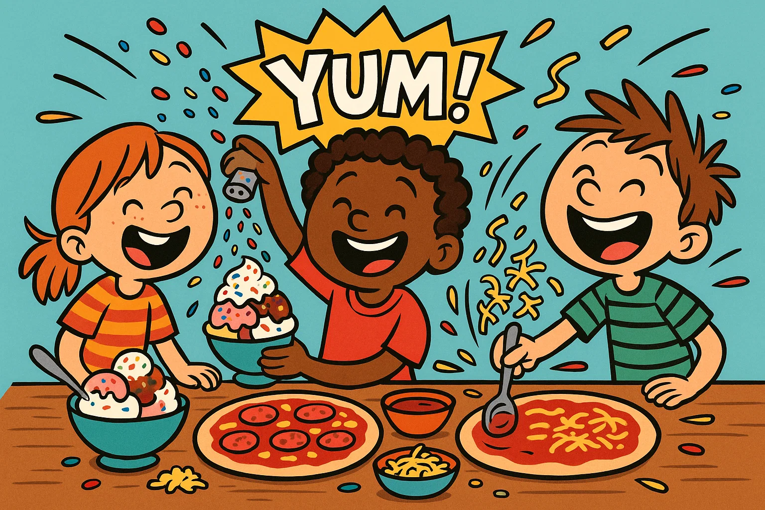 Children making pizzas and decorating ice cream at birthday party.
