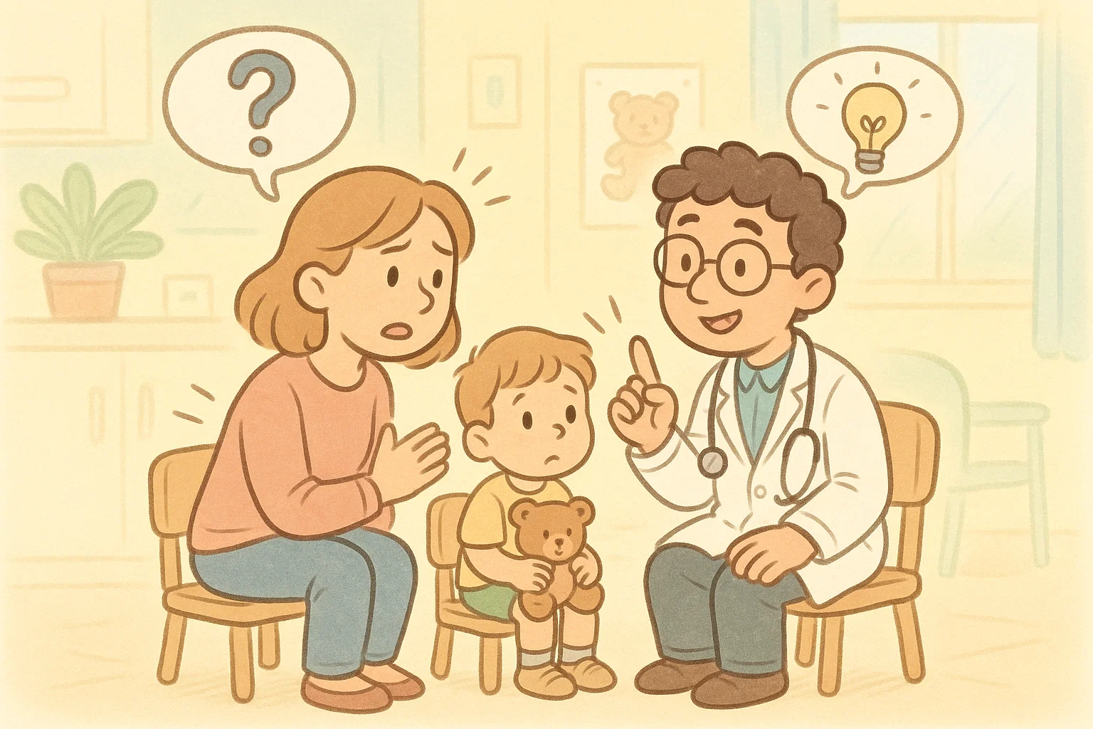 Doctor advising mother about child’s well-being during a clinic visit. Doctor advising mother about child’s well-being during a clinic visit.