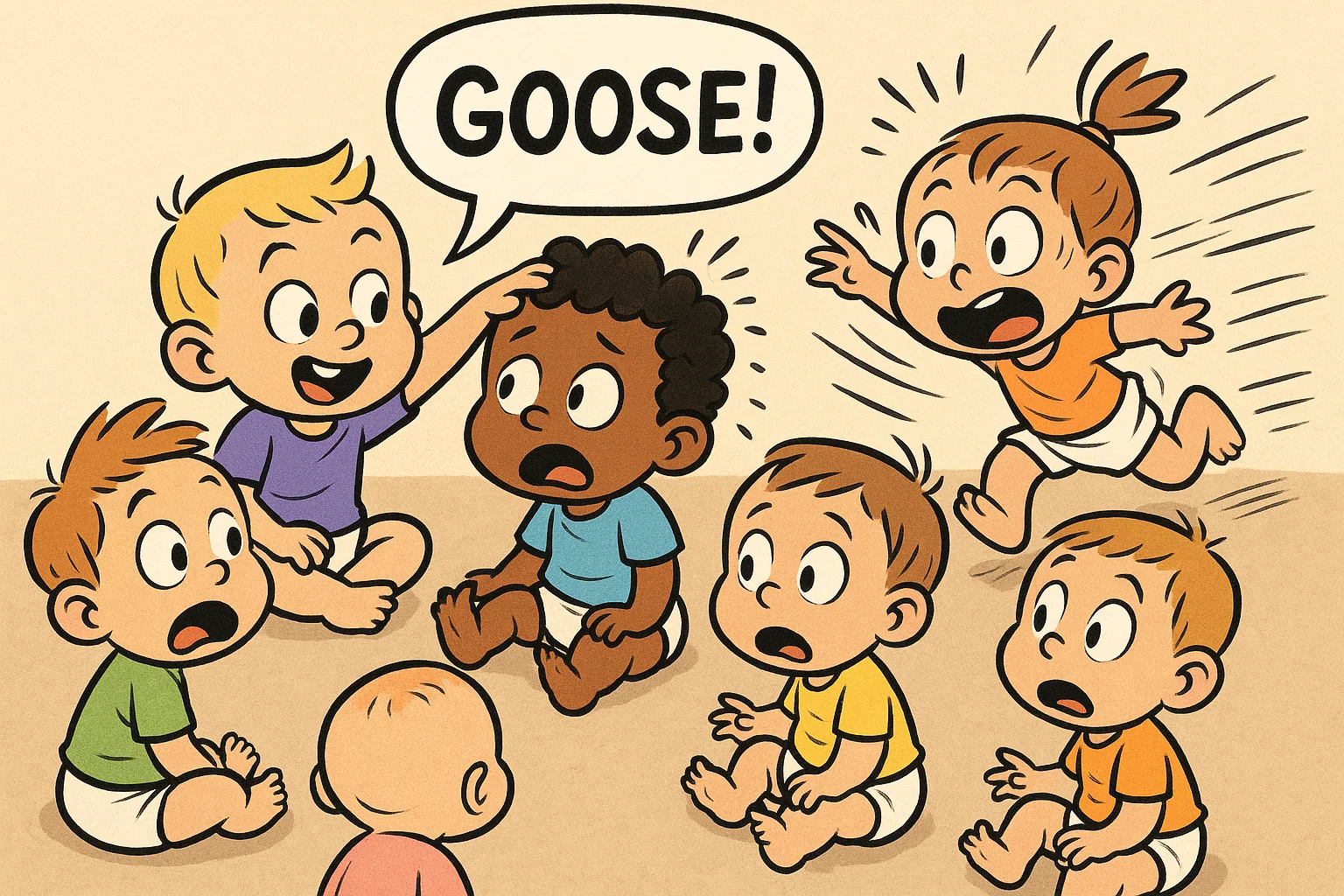 Small children playing Duck Duck Goose birthday game in a circle. Small children playing Duck Duck Goose birthday game in a circle.