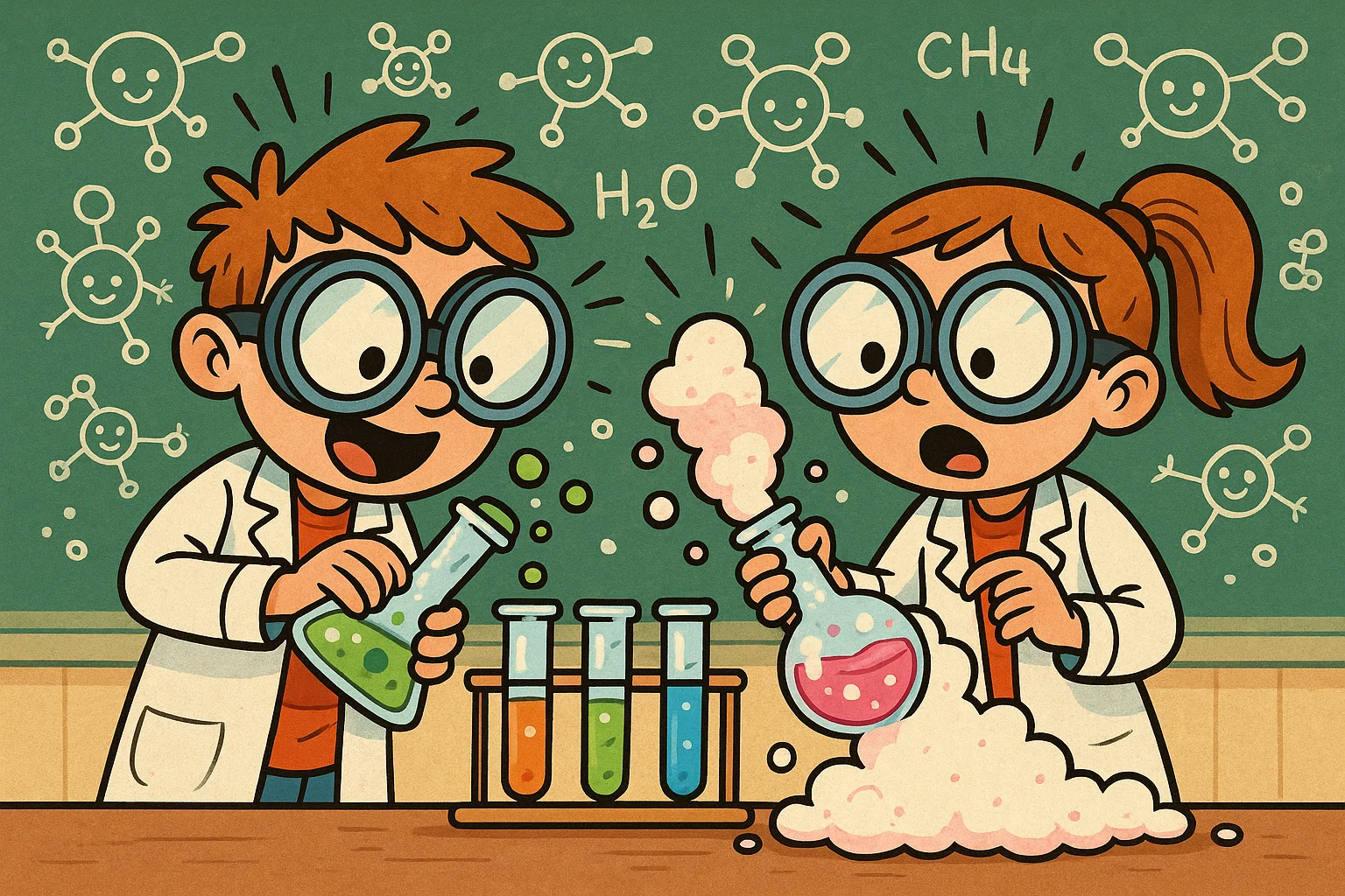 Cartoon kids doing easy chemistry questions with fun science lab activity.  Cartoon kids doing easy chemistry questions with fun science lab activity.