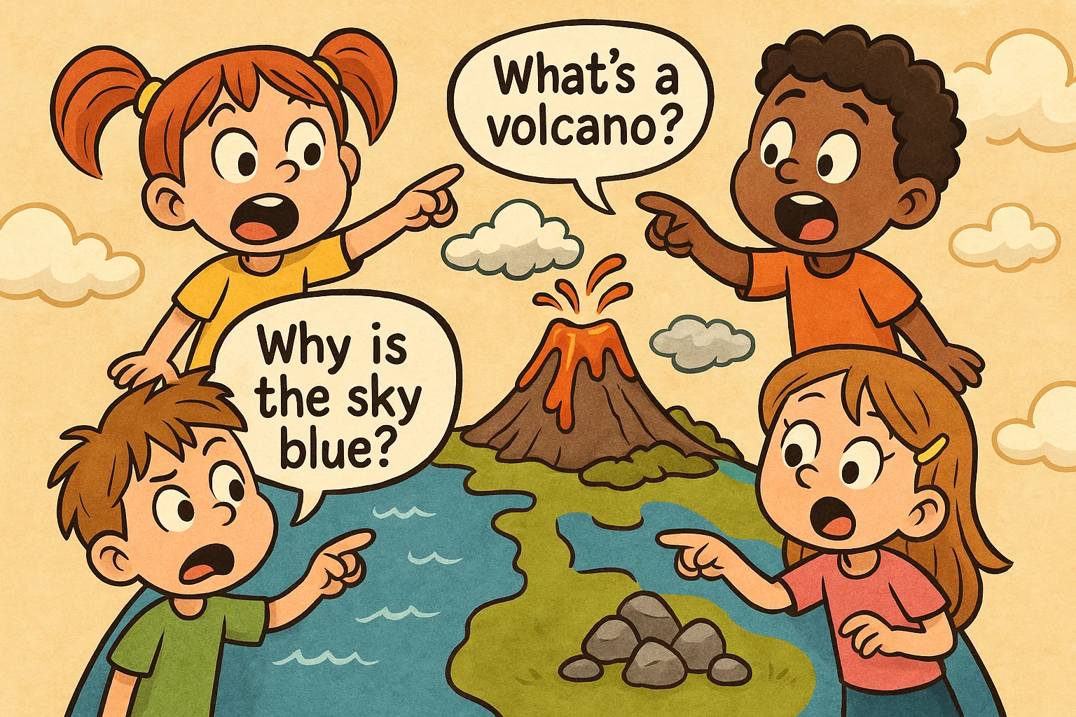 Cartoon kids learning easy earth science questions about nature and planet. Cartoon kids learning easy earth science questions about nature and planet.
