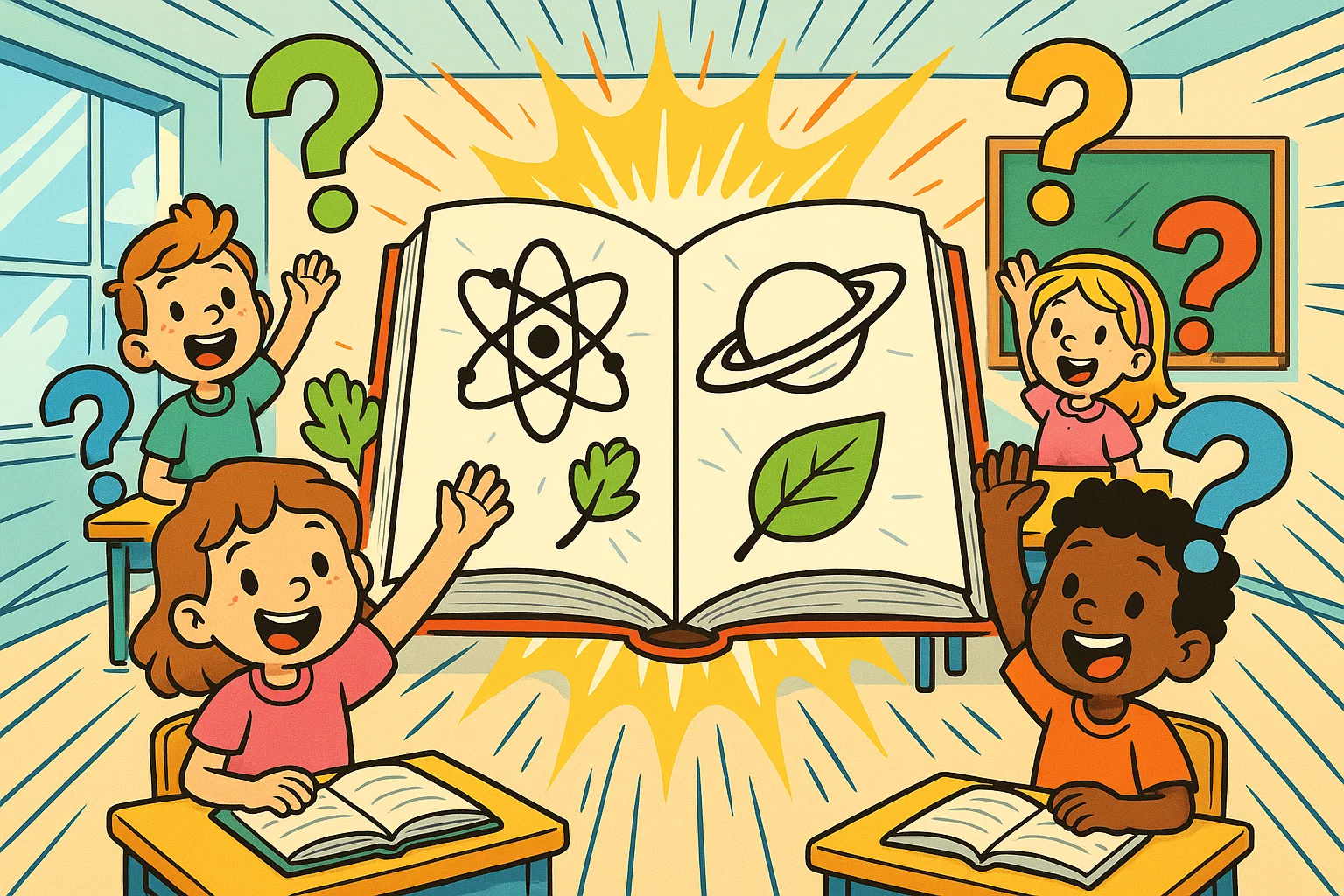 Cartoon kids with easy science questions and answers for kids. Cartoon kids with easy science questions and answers for kids.