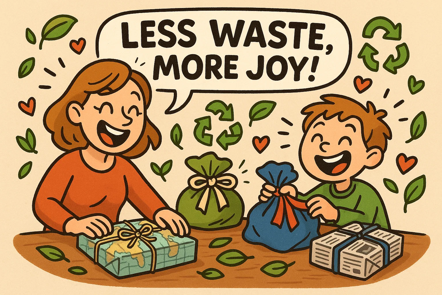 mage of eco-friendly gift wrapping with reusable and recycled materials.