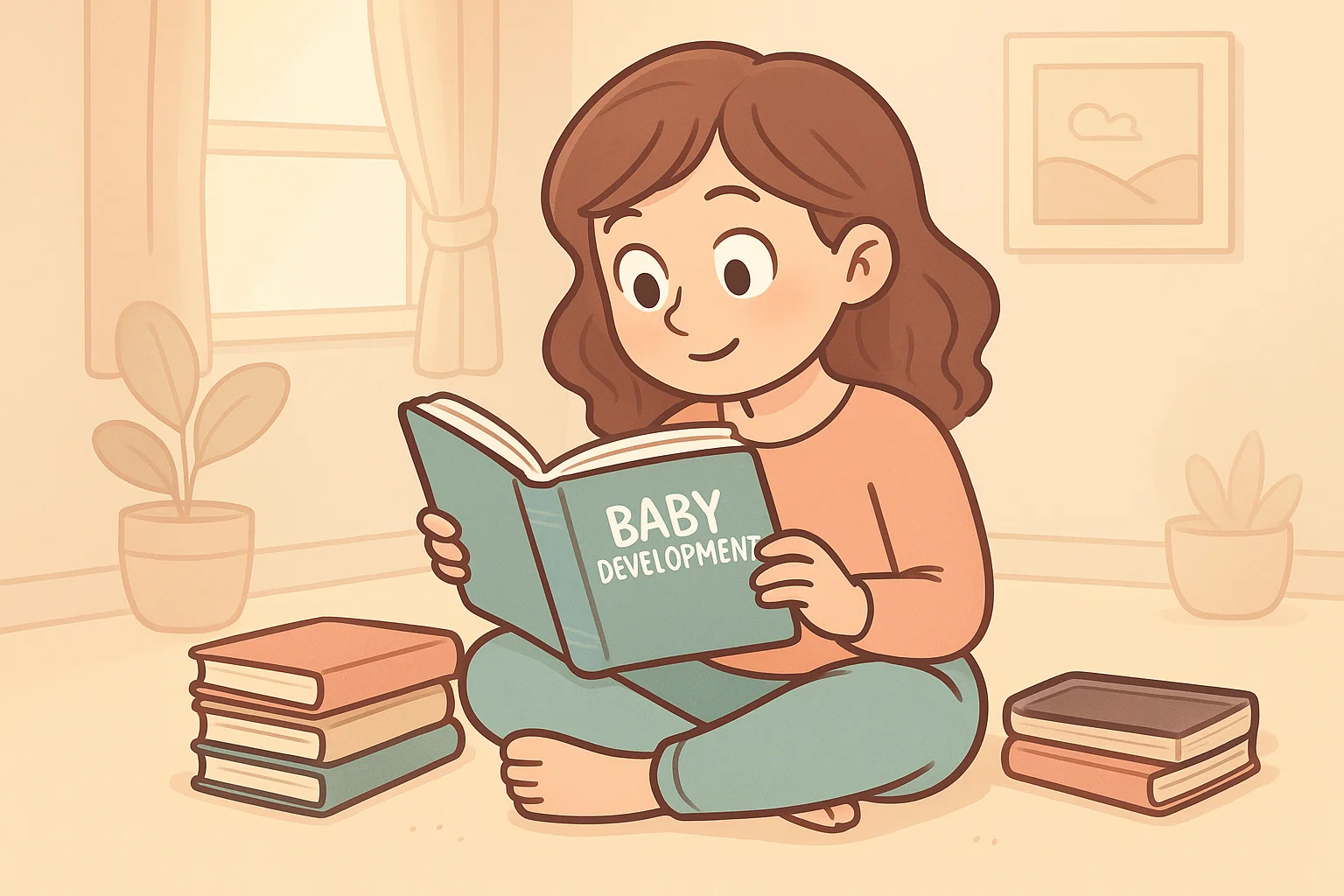 A woman reading a book on baby development to educate herself with reliable resources. A woman reading a book on baby development to educate herself with reliable resources.