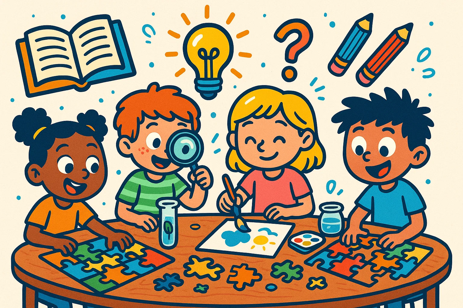Kids doing puzzles, painting, and science experiments together.
