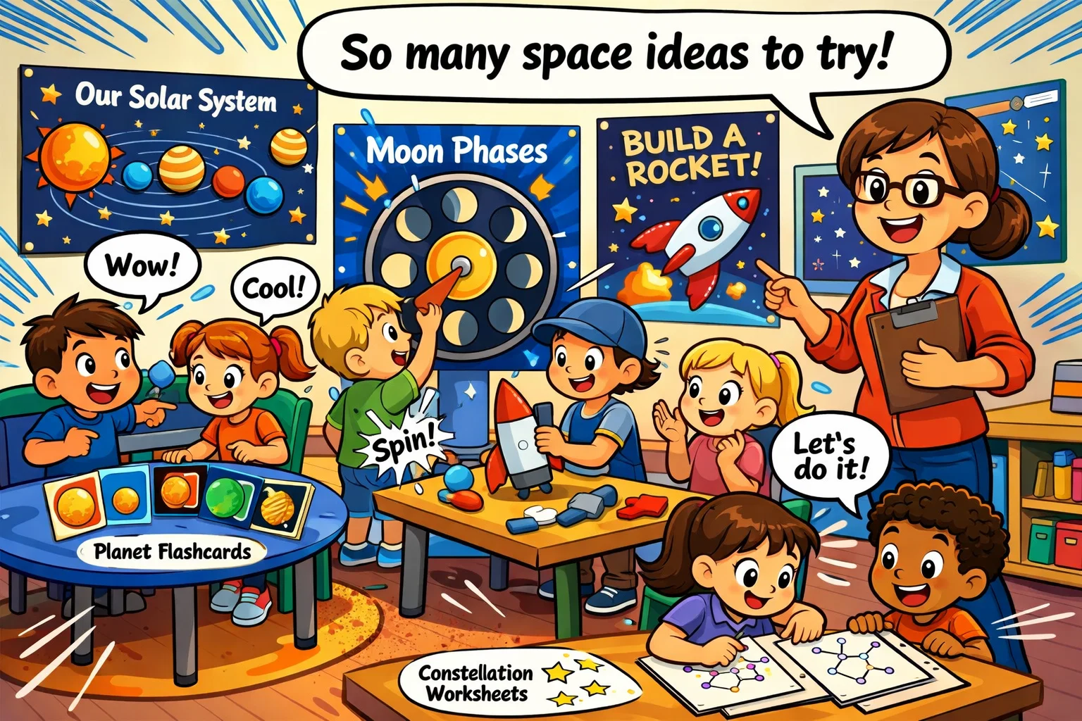 Educational space activities and ideas with planet models and STEM tasks.
