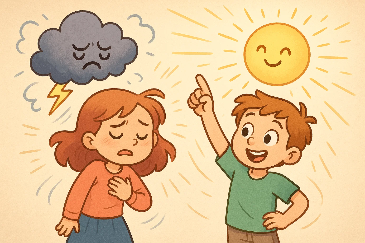 A cartoon showing children using coping skills to manage anxiety, with a girl pushing a stormy cloud away and a boy holding a glowing sun. A cartoon showing children using coping skills to manage anxiety, with a girl pushing a stormy cloud away and a boy holding a glowing sun.