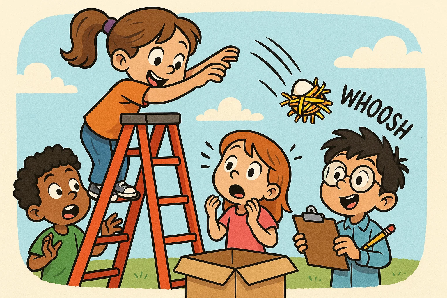Children in cartoon style performing STEM egg drop challenge with experiment tools.
