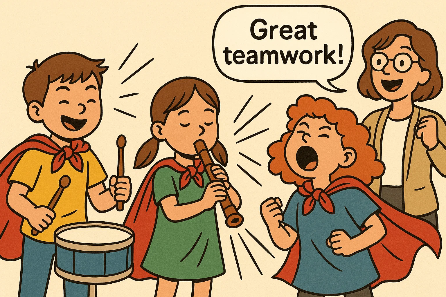 Cartoon elementary kids playing drums, recorder and singing in music games. Cartoon elementary kids playing drums, recorder and singing in music games.
