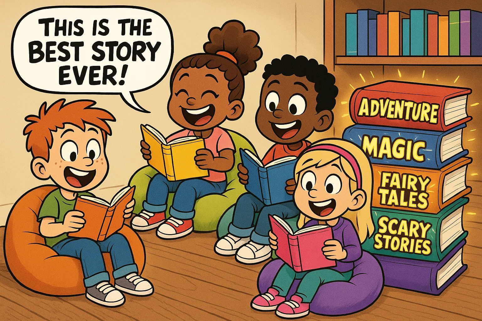Cartoon elementary readers enjoying classic childhood books in cozy reading corner. Cartoon elementary readers enjoying classic childhood books in cozy reading corner.