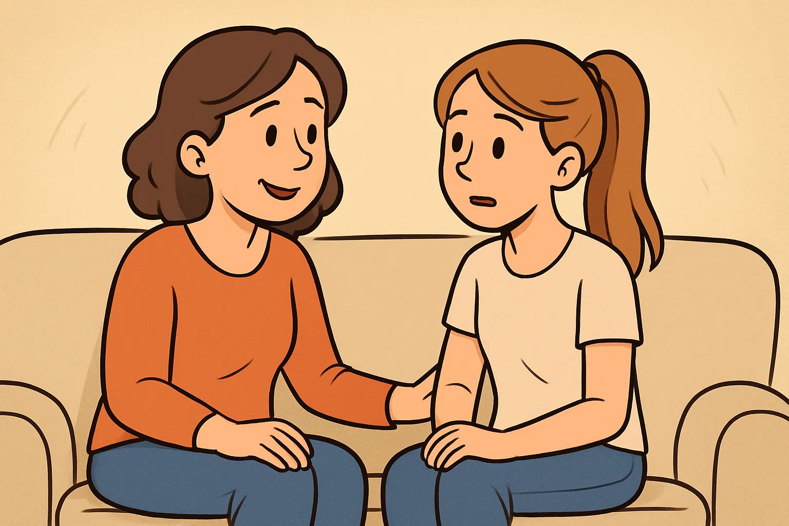 Cartoon of open conversation between parent and teenage daughter.