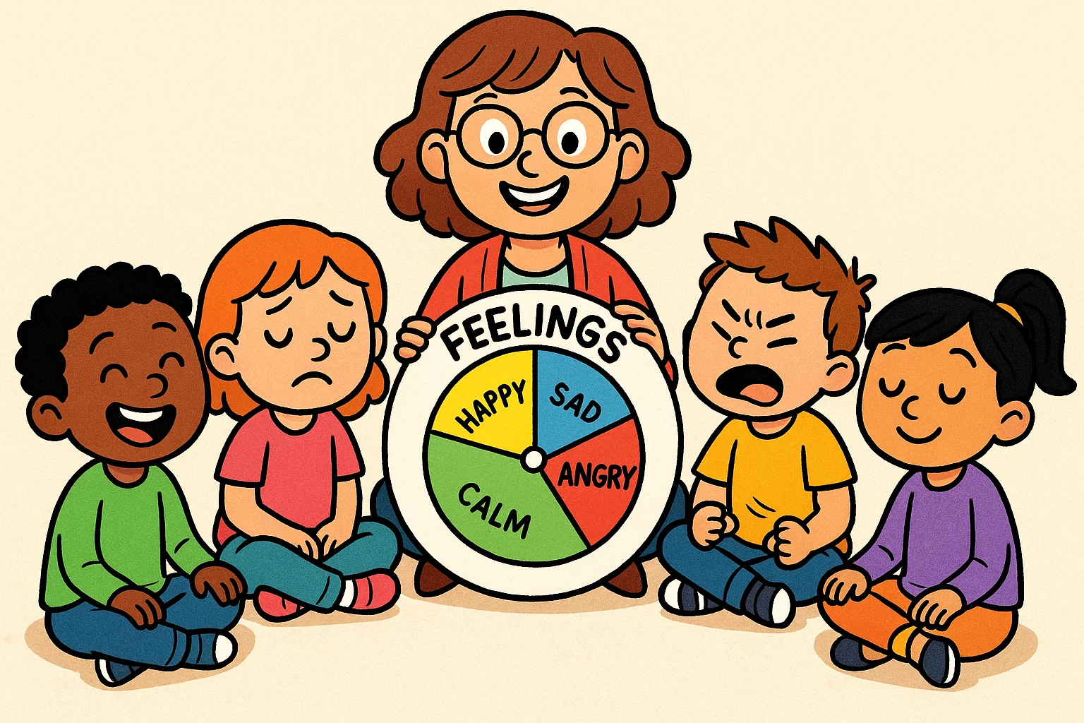 Cartoon kids learning emotions with teacher holding feelings wheel for emotional regulation. Cartoon kids learning emotions with teacher holding feelings wheel for emotional regulation.