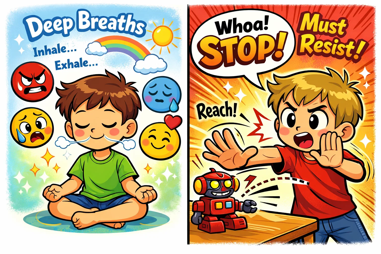 Cartoon explaining the difference between emotional and self-regulation for kids.
