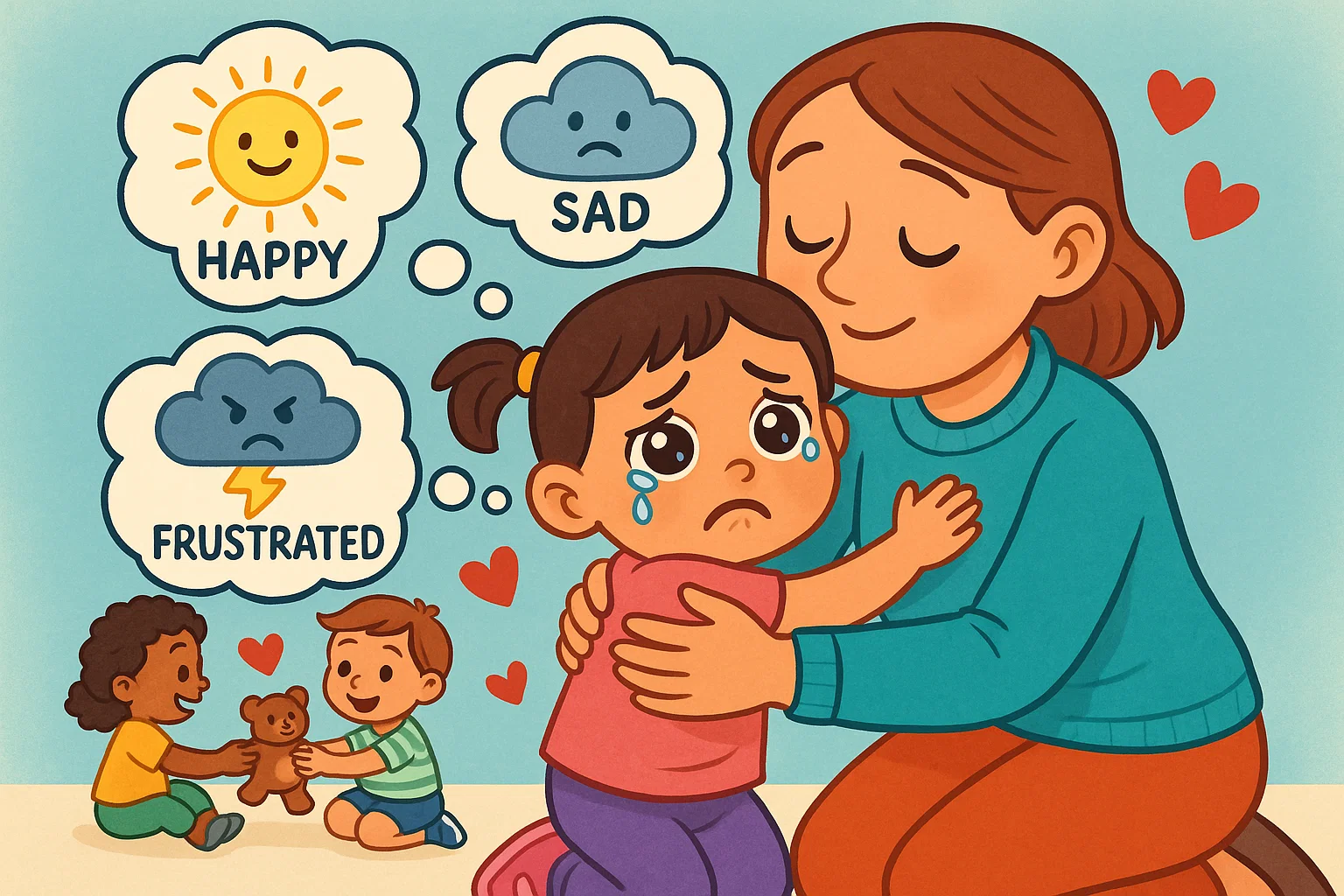 Mom hugging child and helping label feelings Mom hugging child and helping label feelings