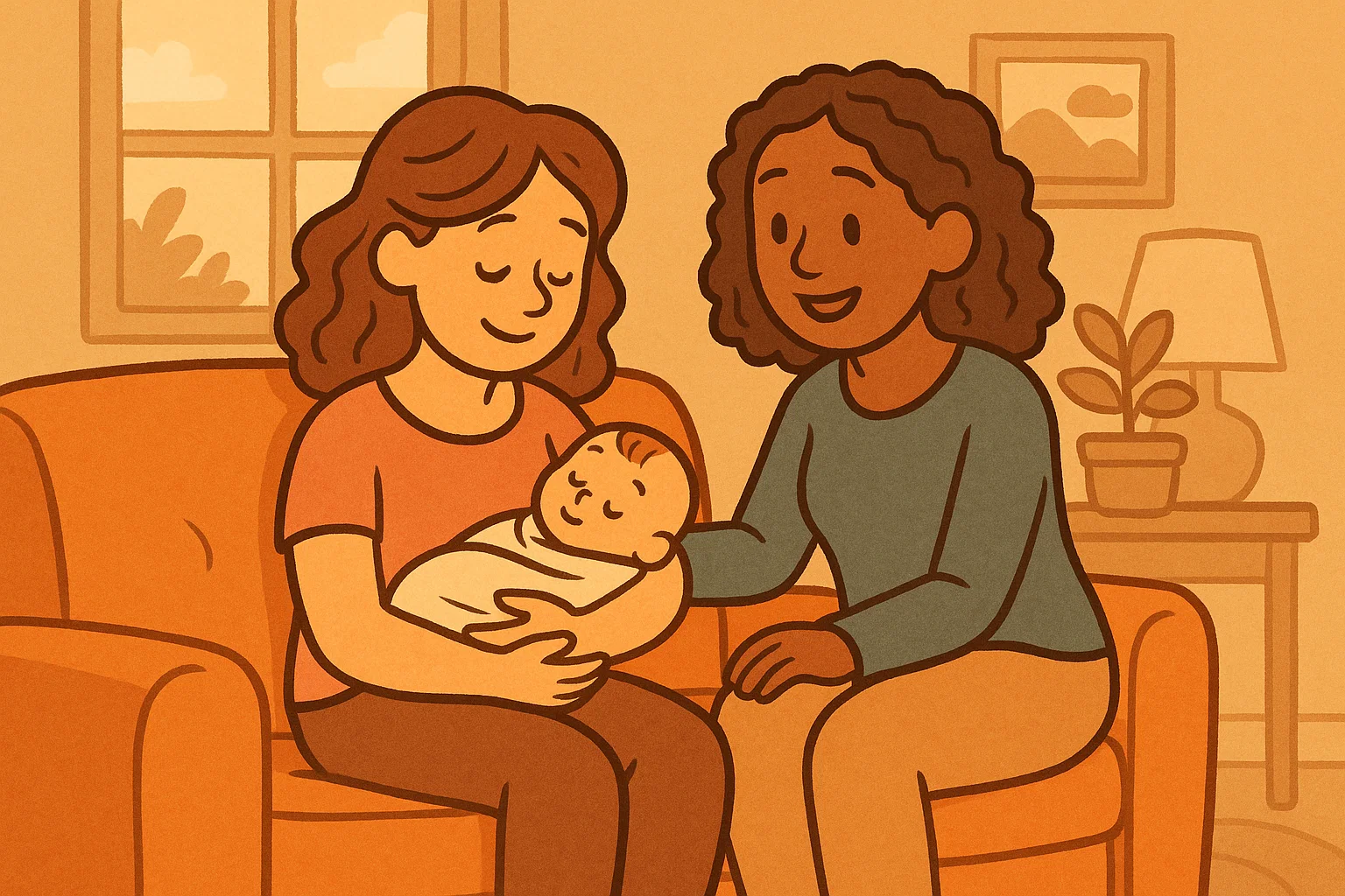 Cartoon mother with baby and family support in cozy home setting.