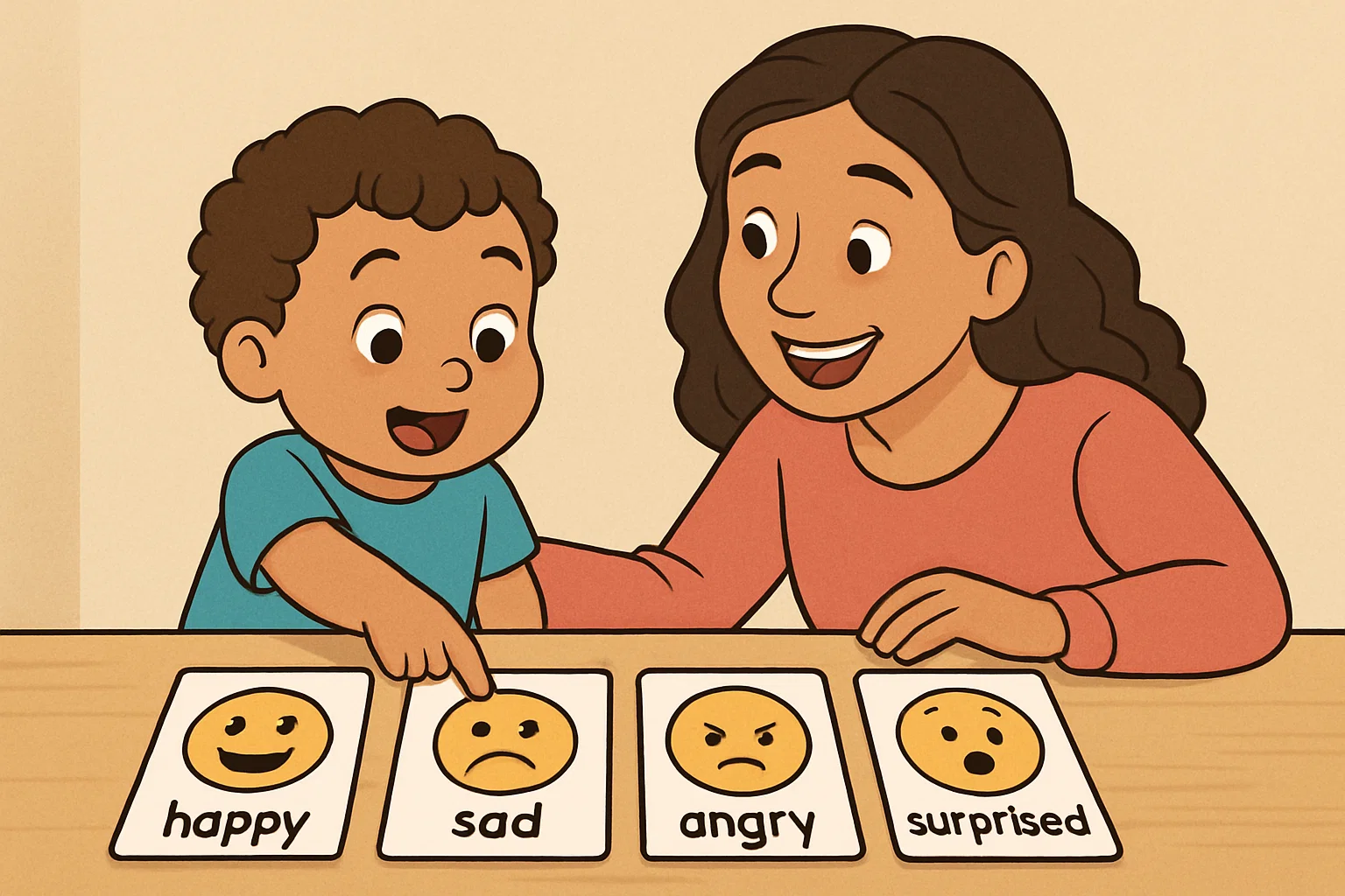 Cartoon toddler learning emotions with visual cards