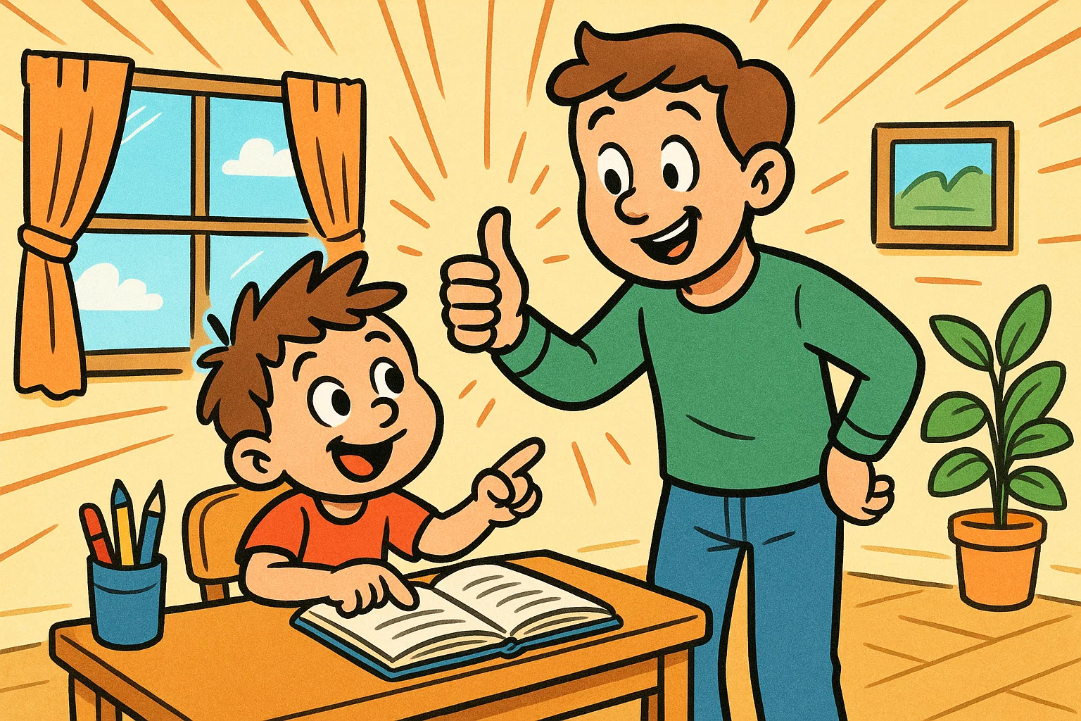 Parent encouraging child reading the book
