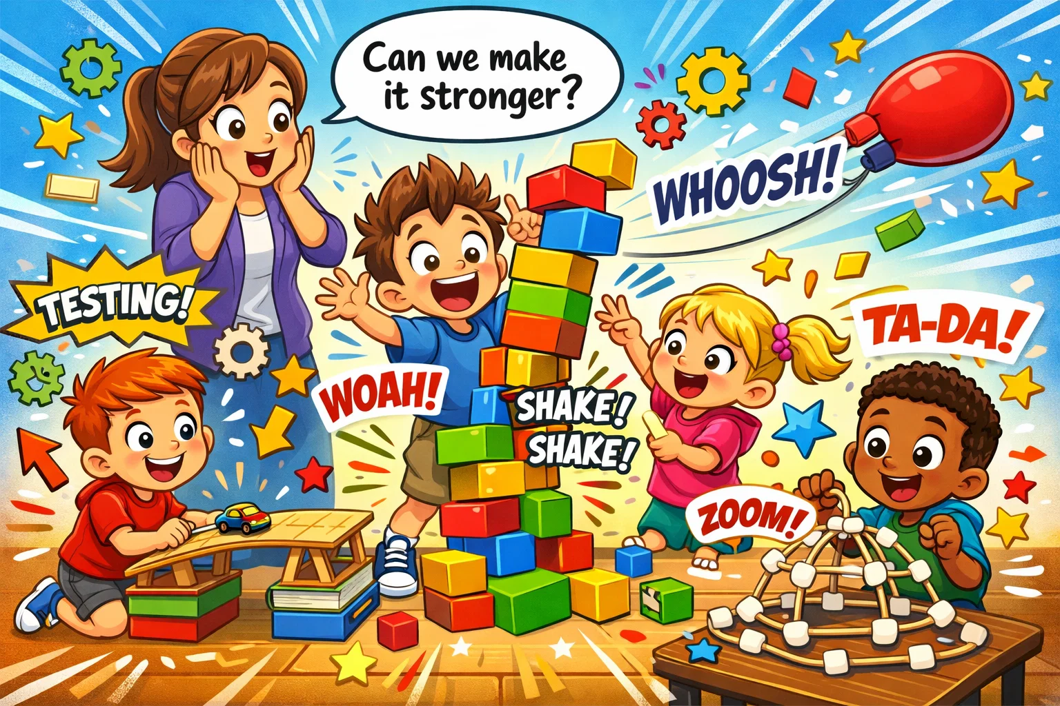 Engineering challenges for 3-5 year olds with towers, bridges, and balloon rocket play.
