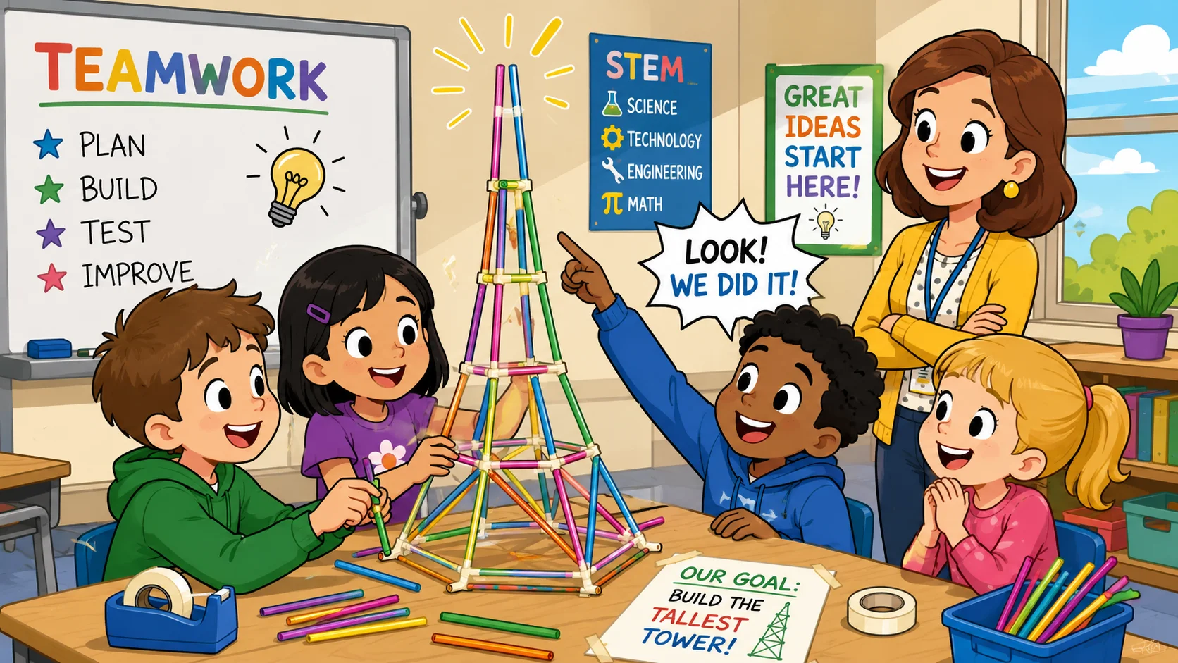 Engineering STEM challenges with students building straw tower in classroom. 
