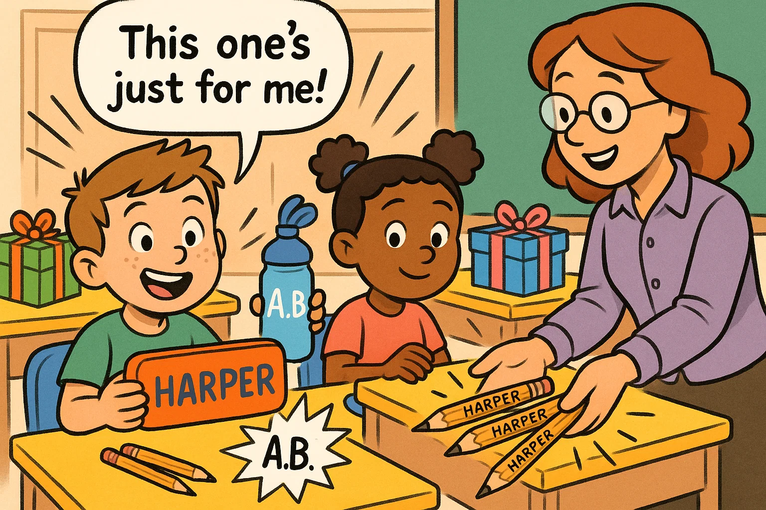 Kids in classroom with personalized back to school gifts including custom pencils.