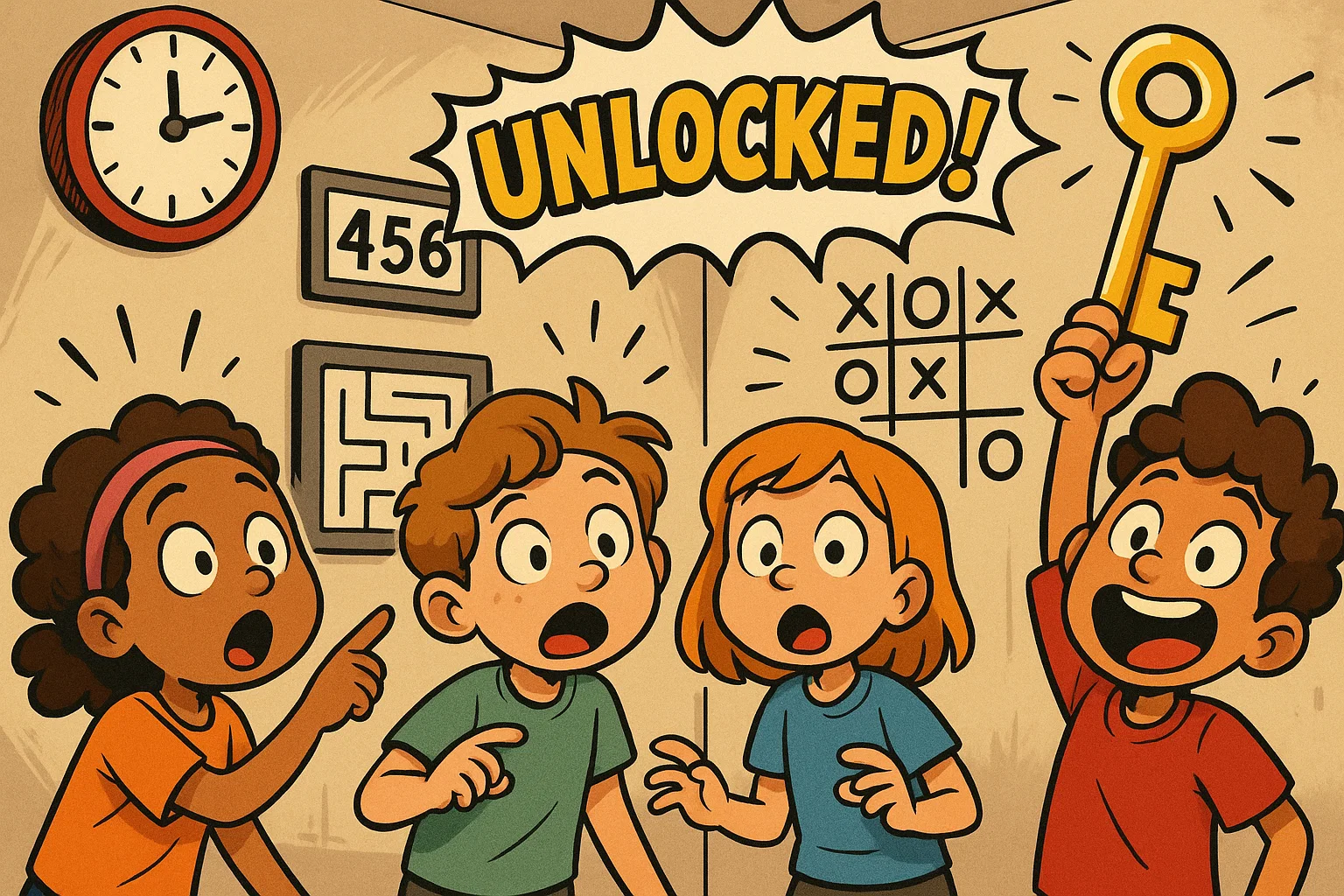  Kids solving puzzles in escape room experience at birthday party.
