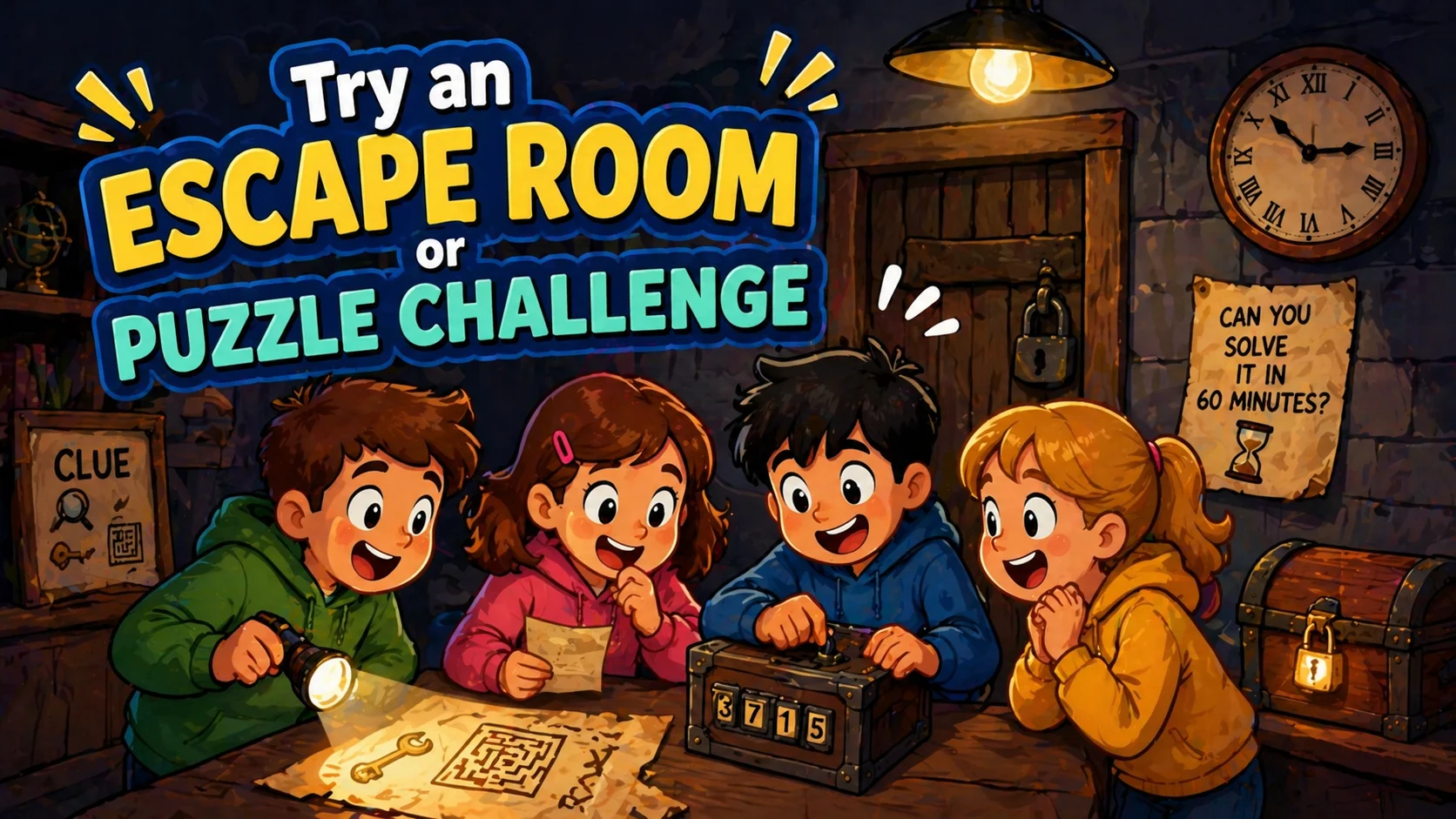 Kids solving clues in an escape room puzzle challenge.