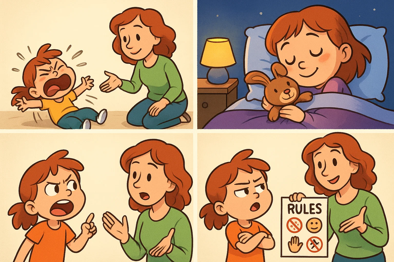 Everyday parenting scenarios with solutions for tantrums, bedtime, and back talk.