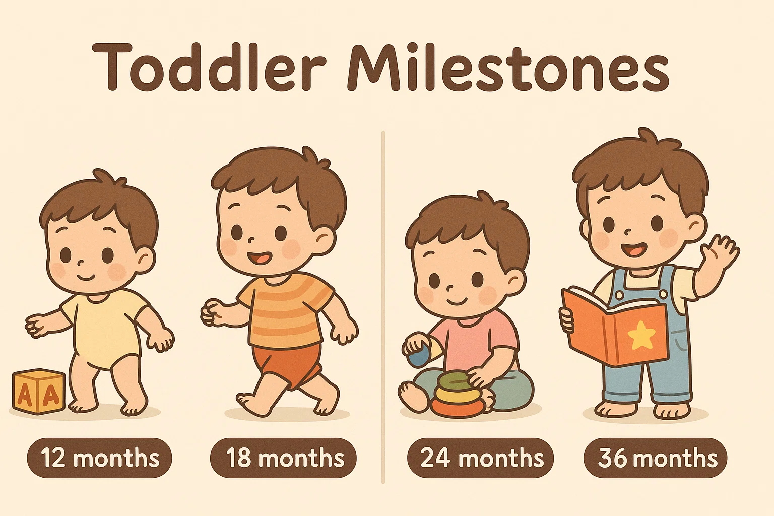 Cartoon showing toddler behavioral stages by age. Cartoon showing toddler behavioral stages by age.