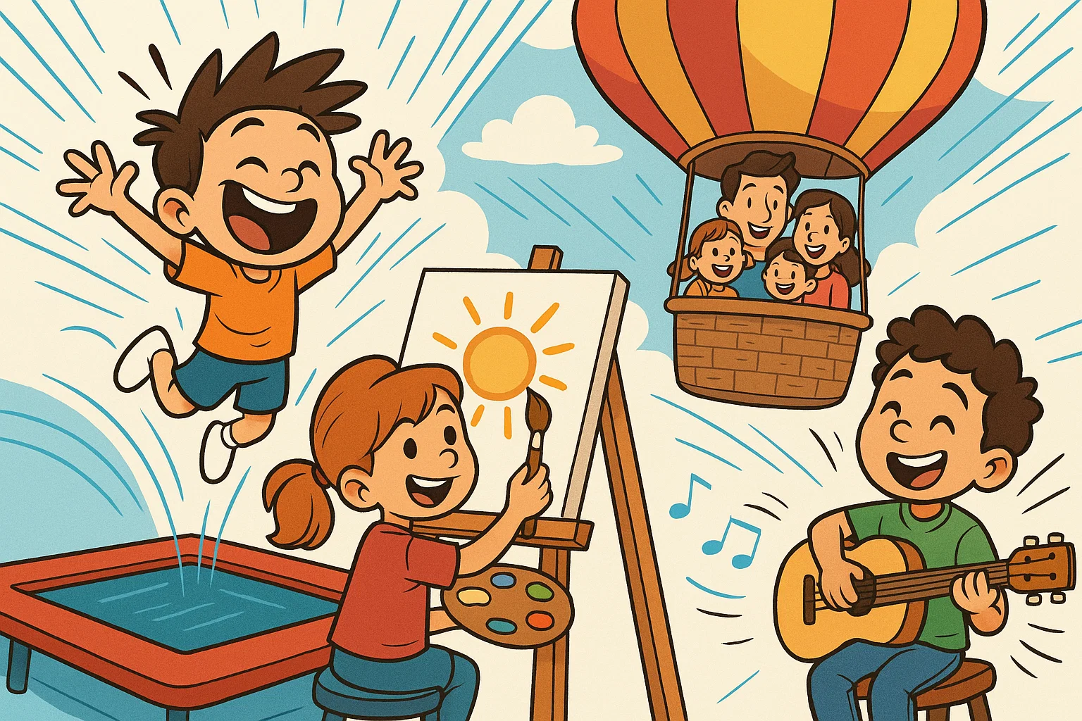 Kids in trampoline park, art class and hot air balloon adventure.