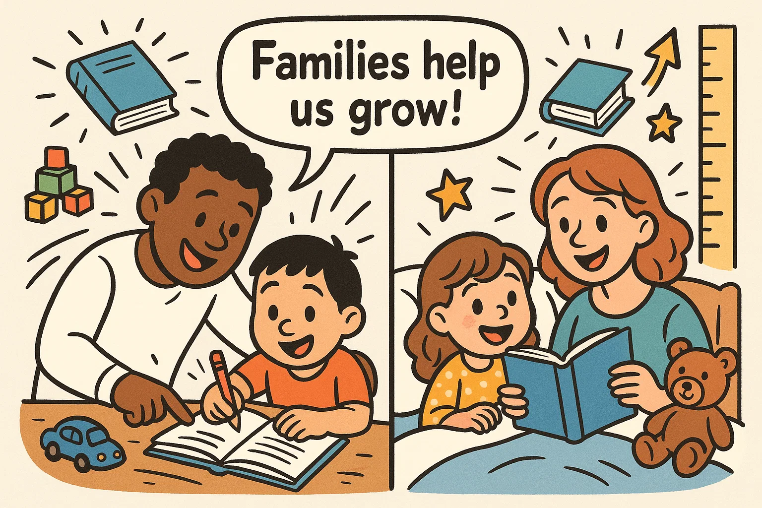 Cartoon family supporting child development through learning and activities. Cartoon family supporting child development through learning and activities.