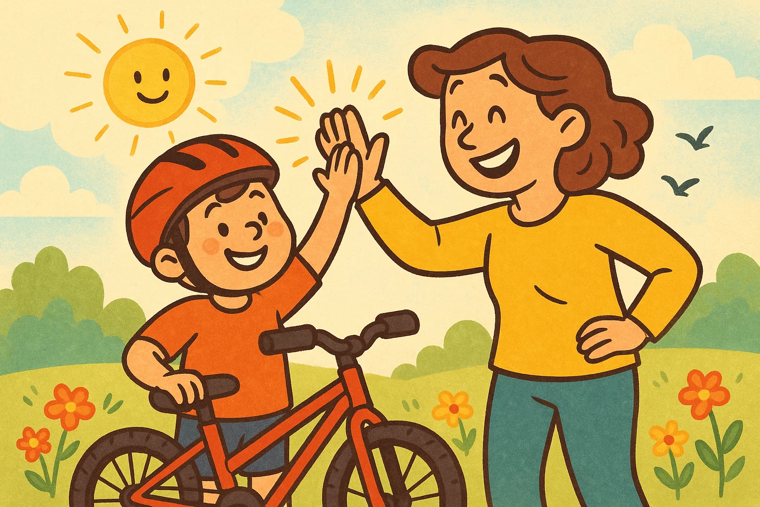 Child wearing a helmet high-fiving a parent after riding a bike in a sunny park illustration"