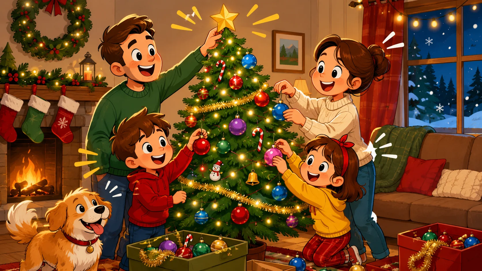 Family decorating Christmas tree as holiday tradition in cozy living room.