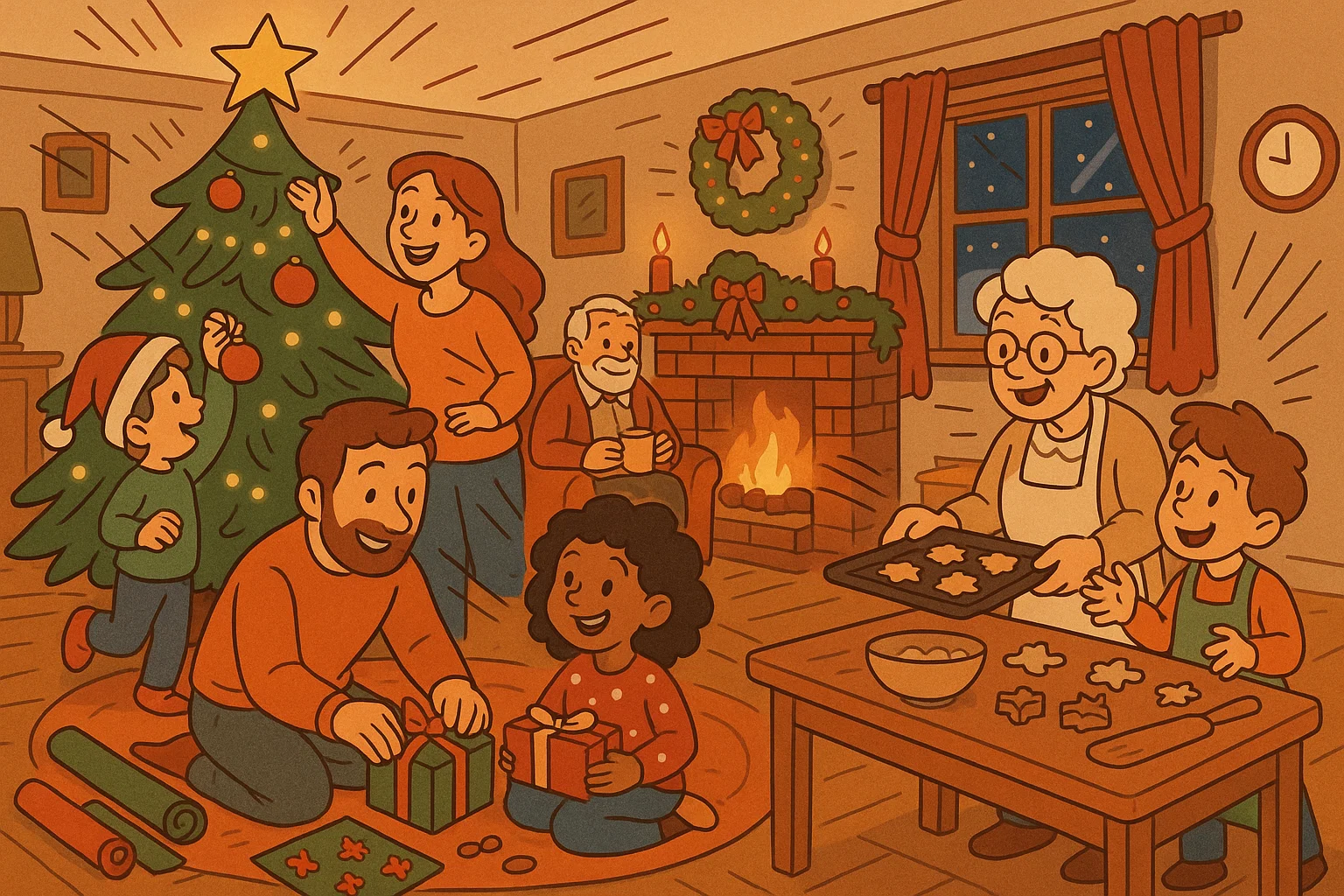 A heartwarming illustration of a family celebrating holiday traditions together, showing different generations engaged in decorating, baking, and wrapping gifts. A heartwarming illustration of a family celebrating holiday traditions together, showing different generations engaged in decorating, baking, and wrapping gifts.