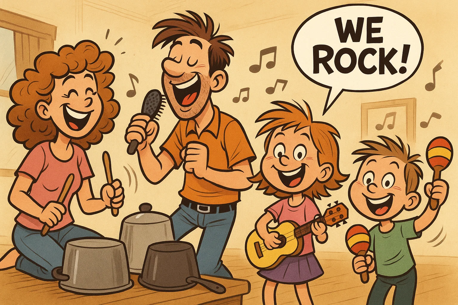 Cartoon family making music together in playful classroom participation. Cartoon family making music together in playful classroom participation.
