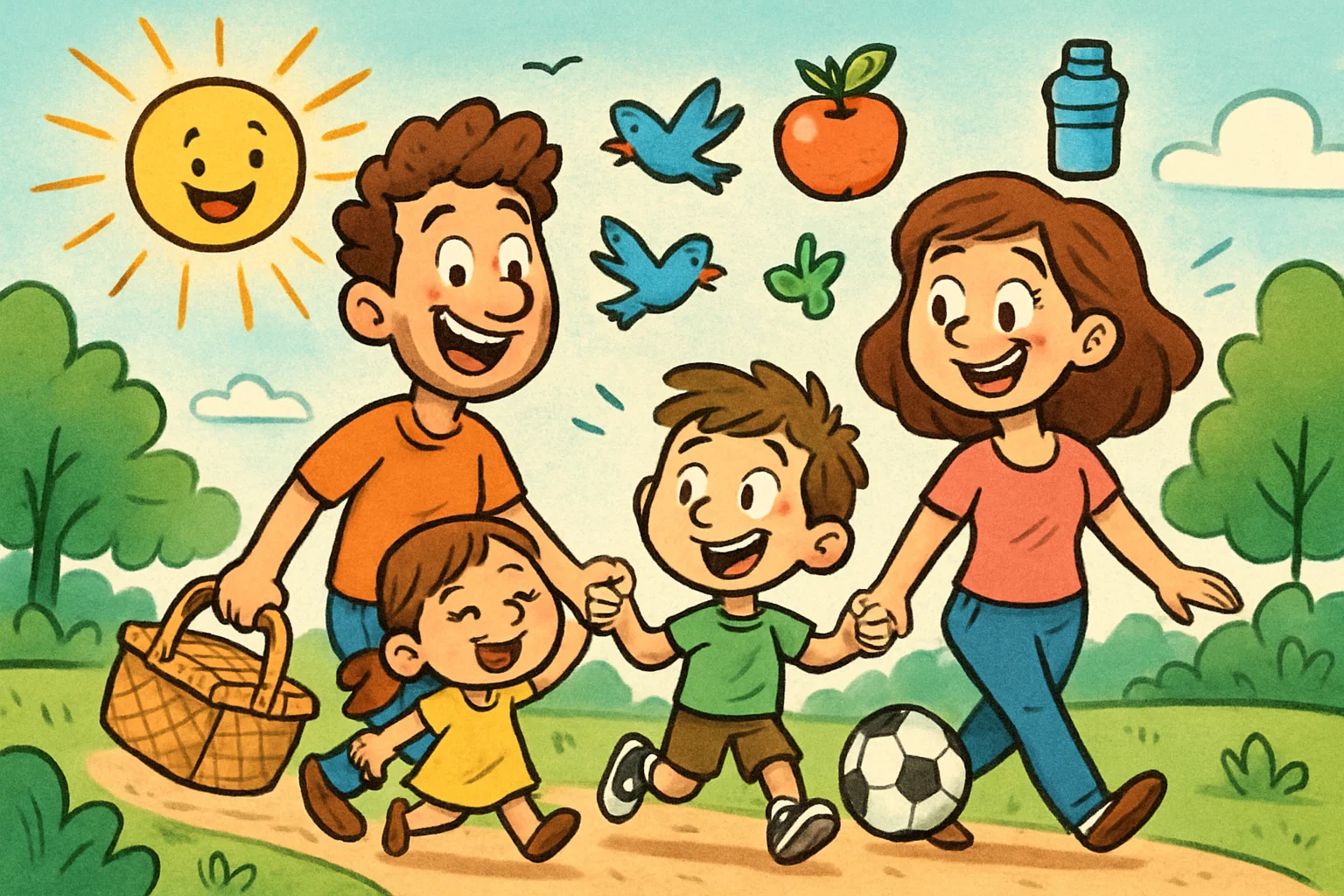 Family enjoying outdoor activities with kids, playing soccer, walking, and preparing for picnics.