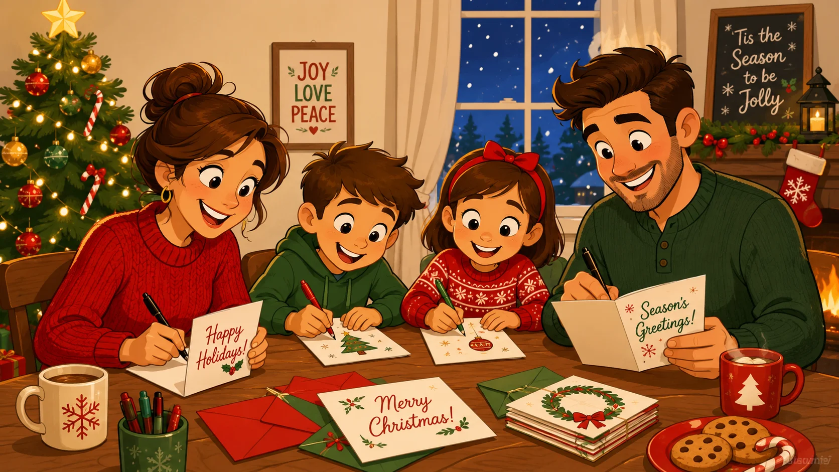  Family writing short Christmas card messages by a Christmas tree. 
