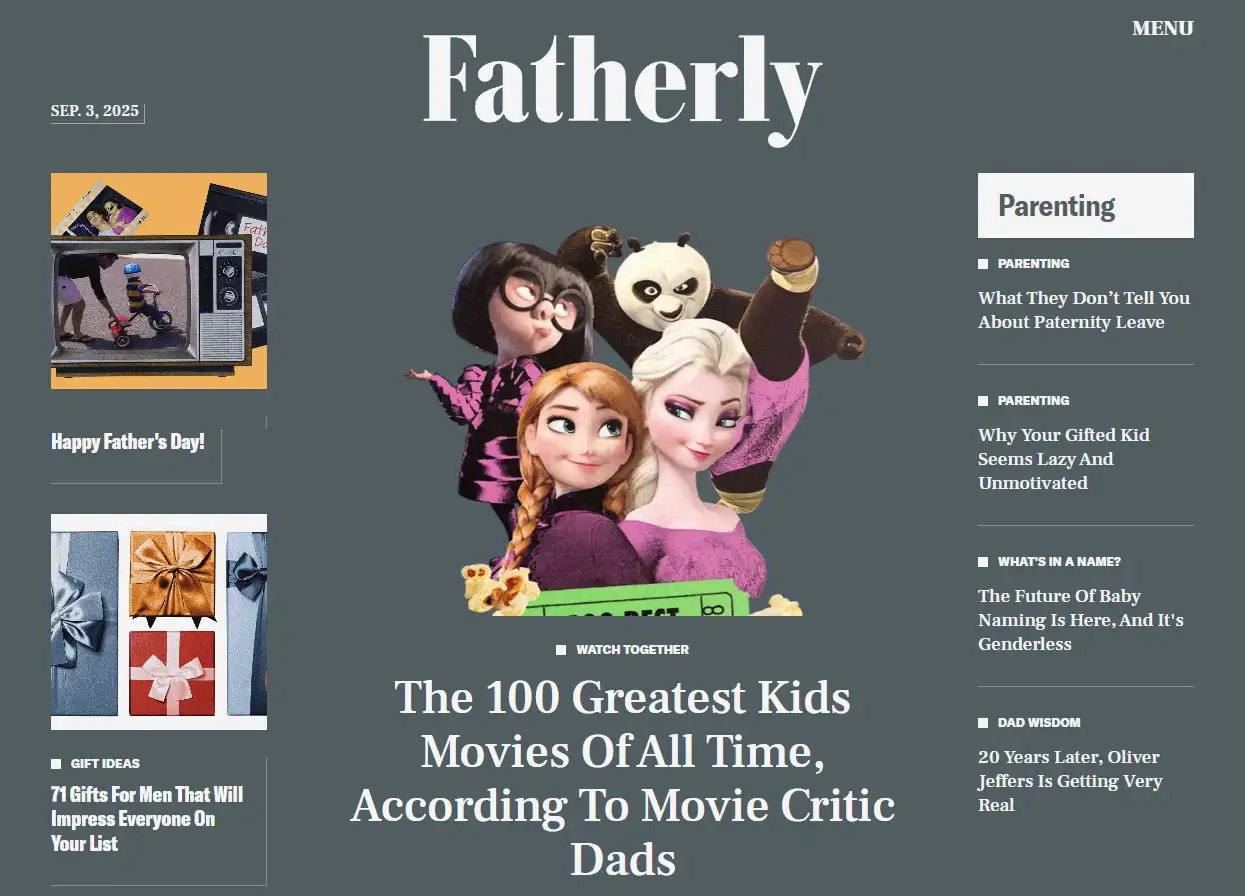 Fatherly website homepage with parenting tips for modern dads.