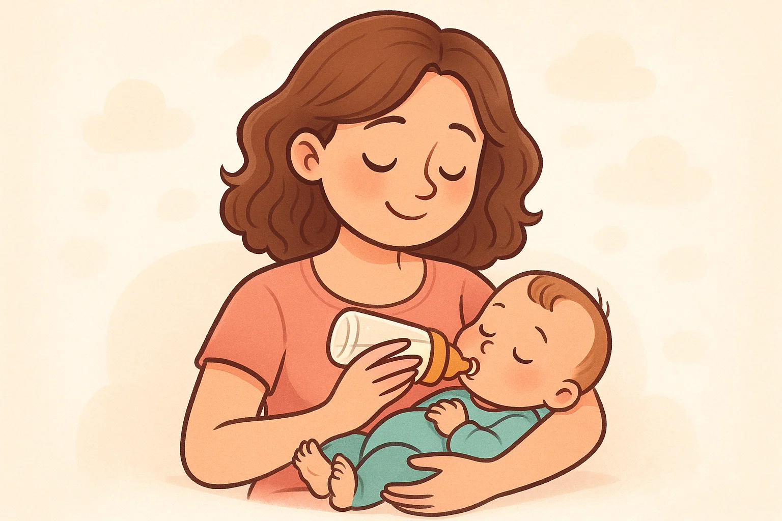 Cartoon scene of mother feeding baby in a quiet home setting.