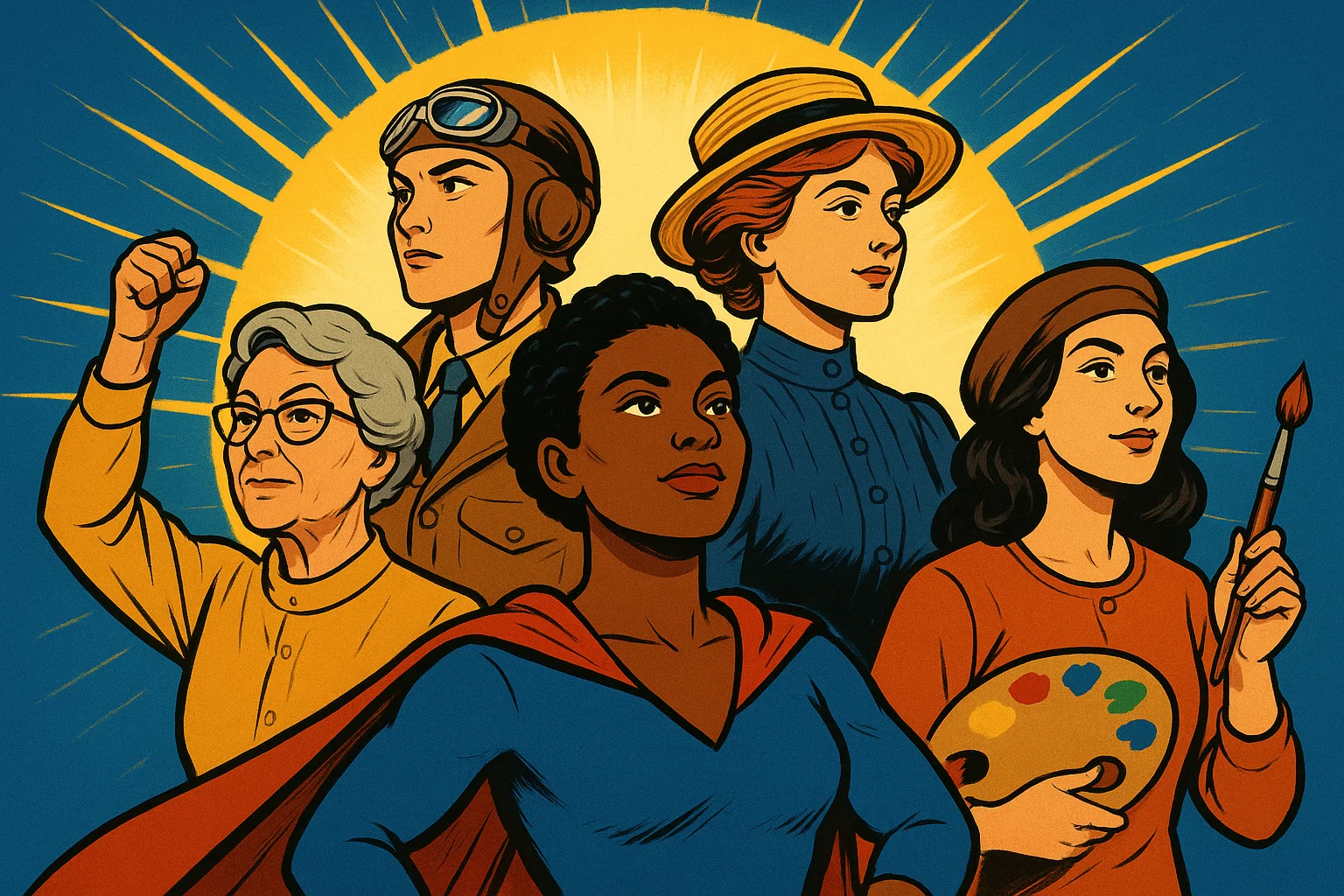 Cartoon illustration of inspiring female historical figures standing together heroically, representing determination, courage, and vision. Cartoon illustration of inspiring female historical figures standing together heroically, representing determination, courage, and vision.