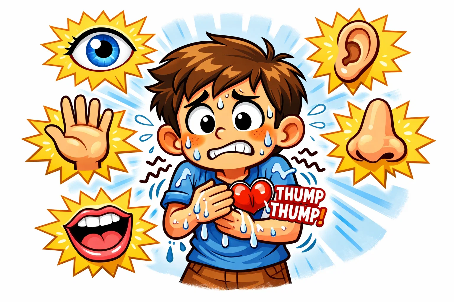 Fight-or-flight responses and body signals in kids, with sensory cues shown in a cartoon.
