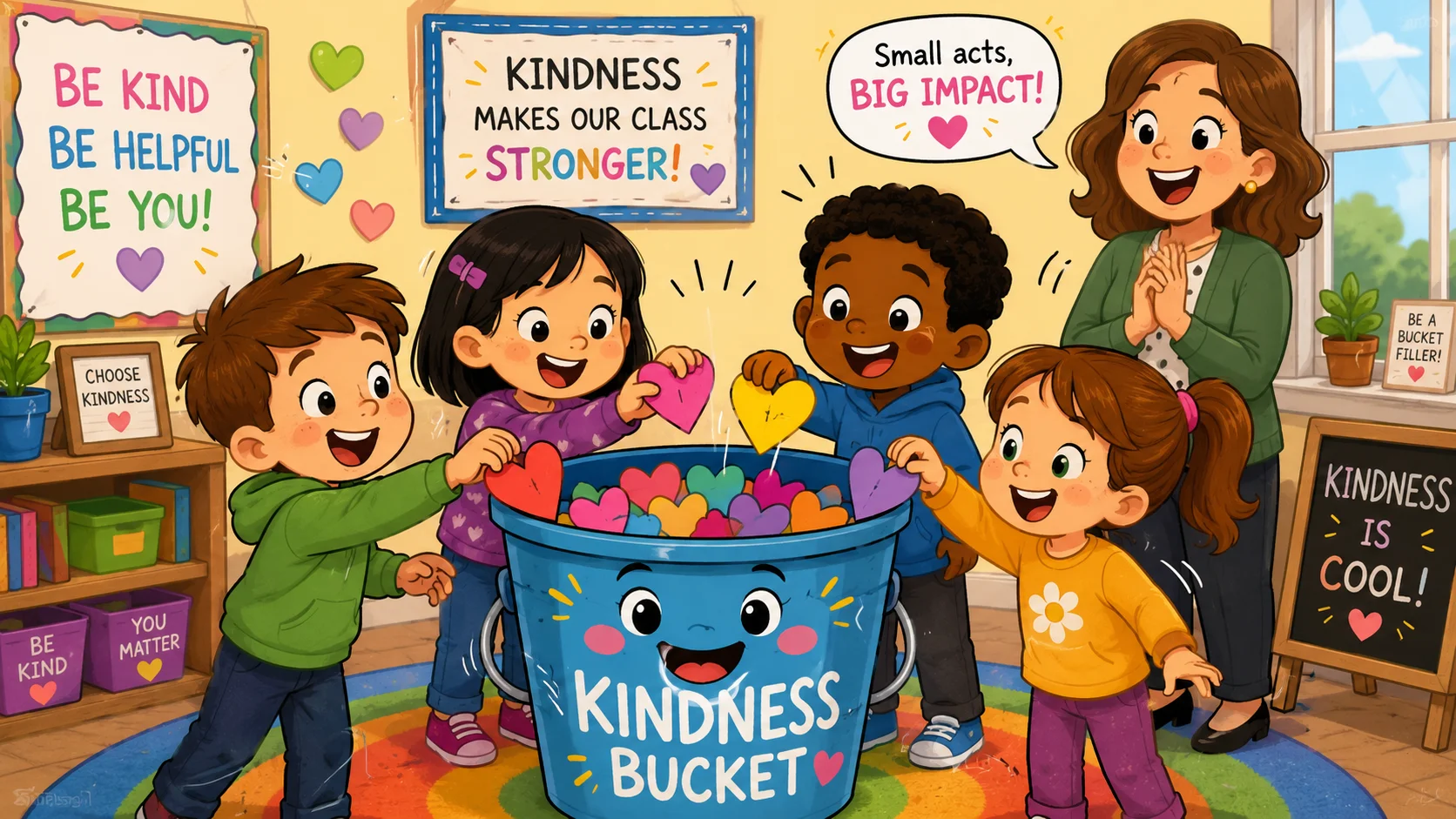 Kids fill kindness bucket with hearts in classroom activity. 
