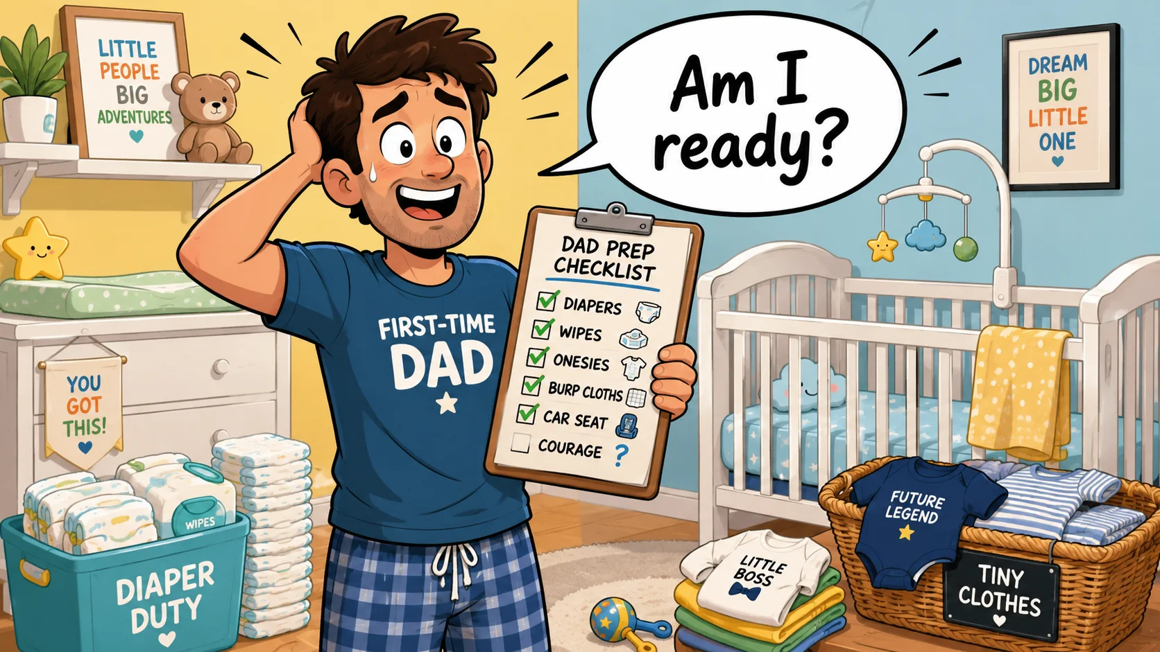 First time dad with baby prep checklist in nursery.