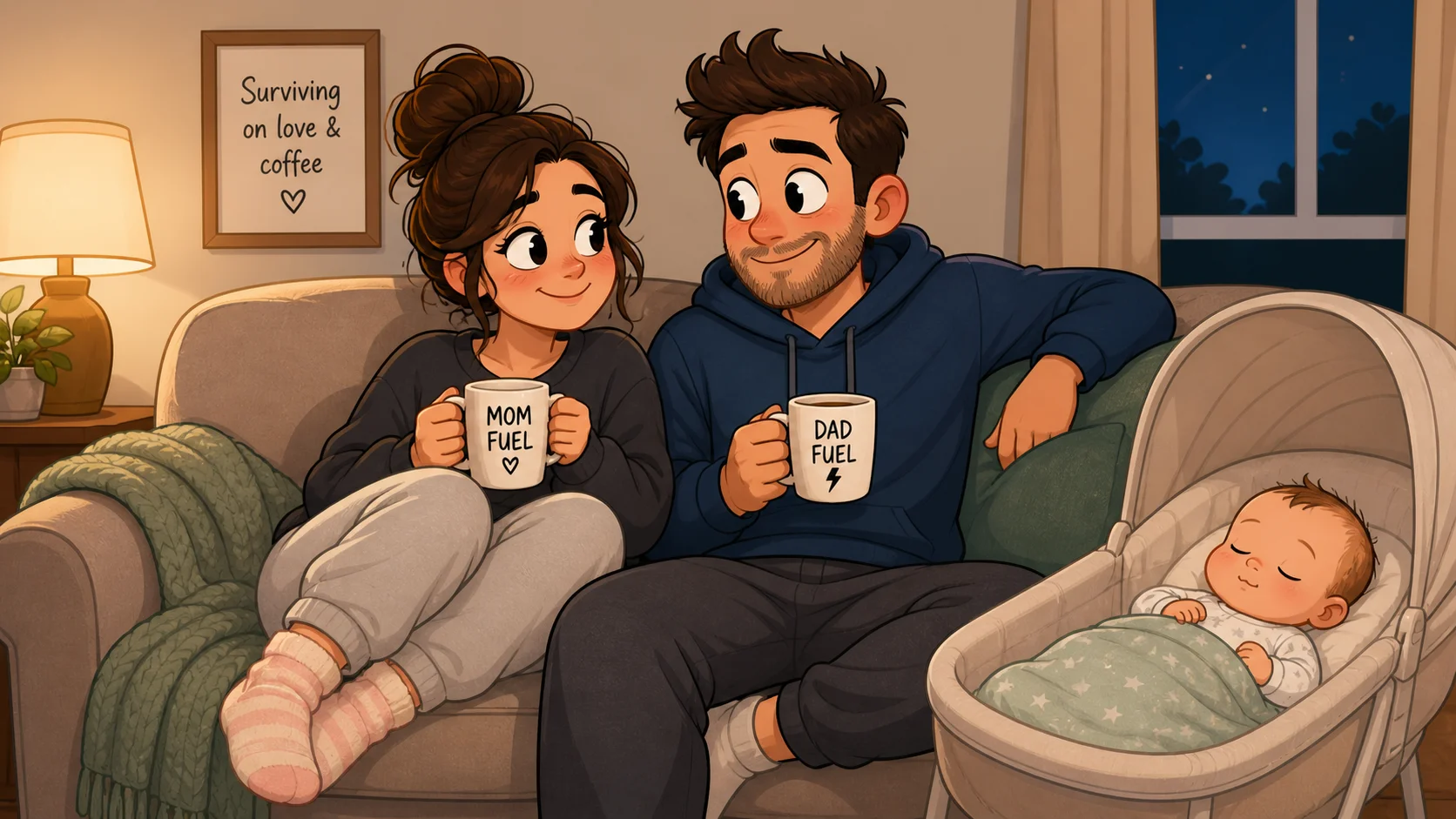 First time dad relationship with new parents on sofa and sleeping baby. 