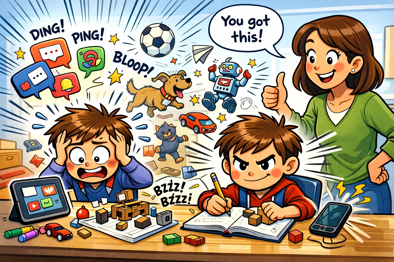 Gen Alpha child building focus, independence, and self-reliance with parent encouragement.
