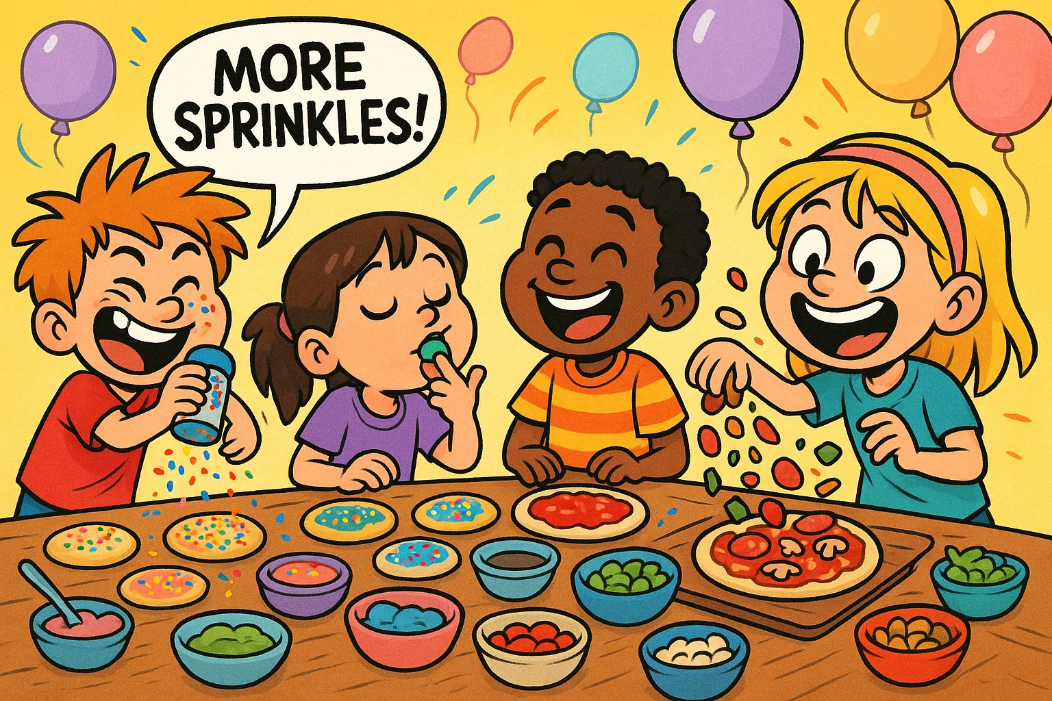Children decorating cookies and making pizzas at birthday food party activities.