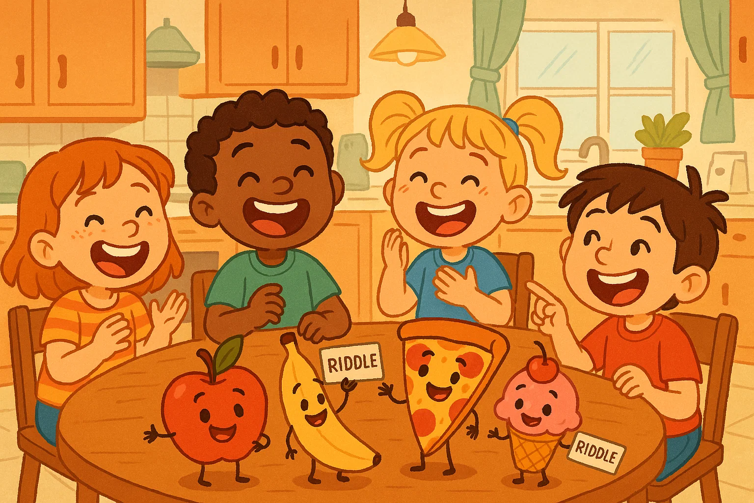 Food riddles delicious brain food with kids guessing apple, banana, pizza, and ice cream.
