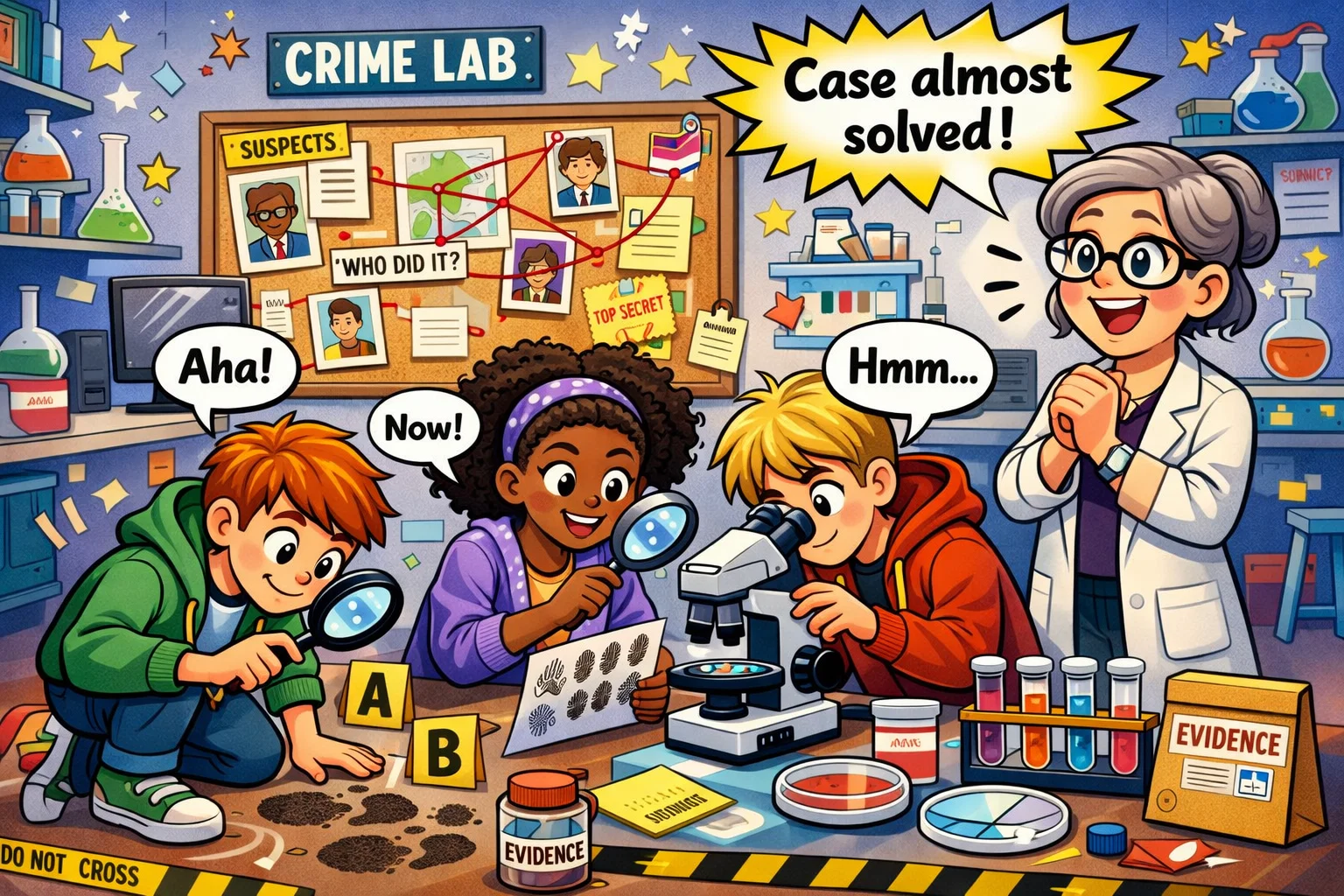 Teens using microscopes, fingerprints, and evidence to solve a forensic mystery in a STEM activity.
