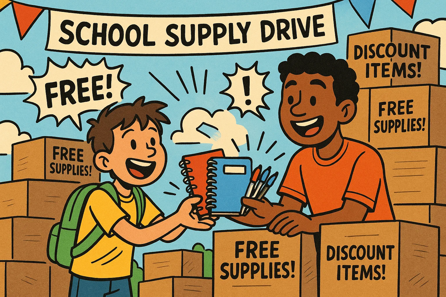 8th grade student getting free school supplies at community supply drive.
