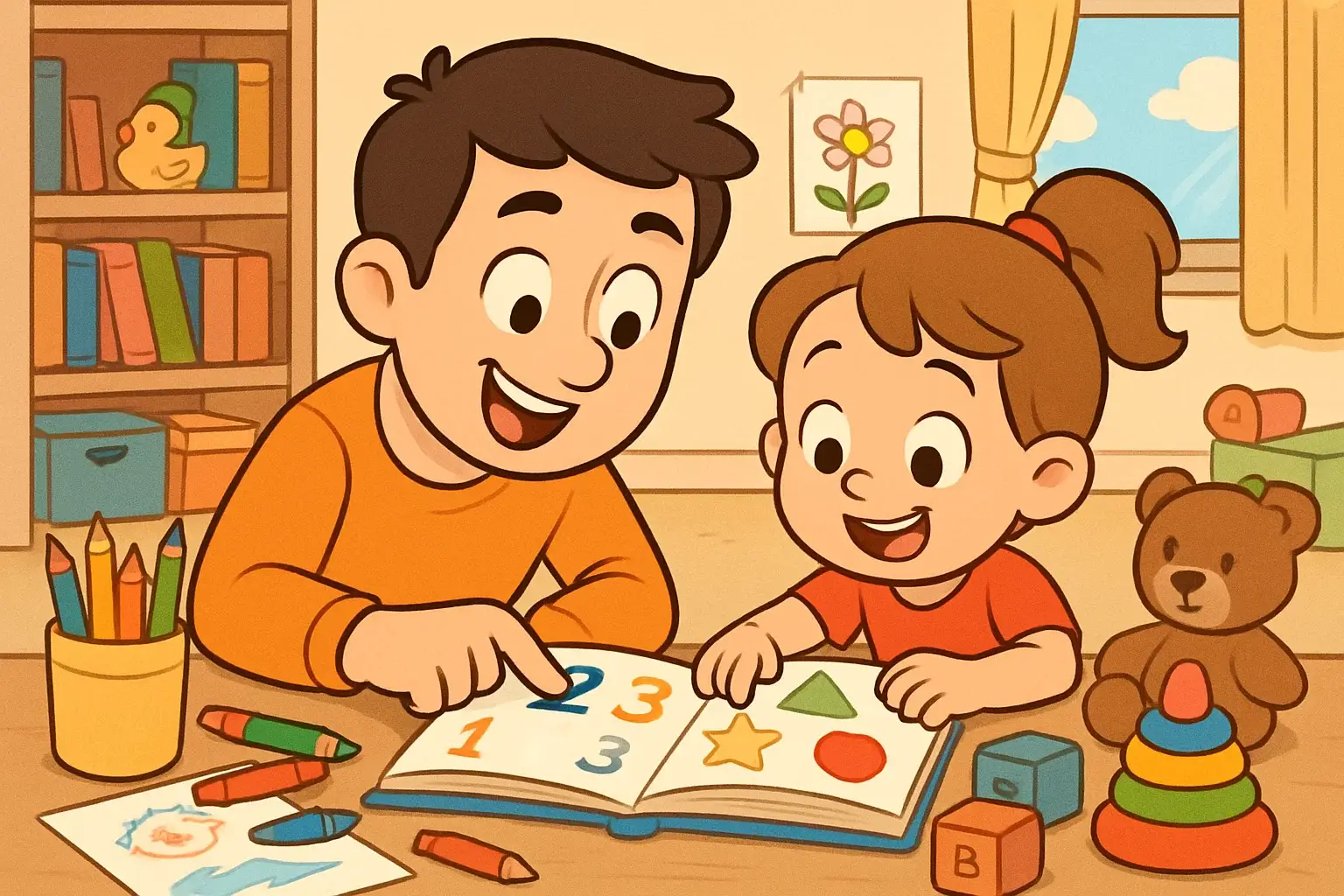Cartoon parent and child learning at home with books and toys around